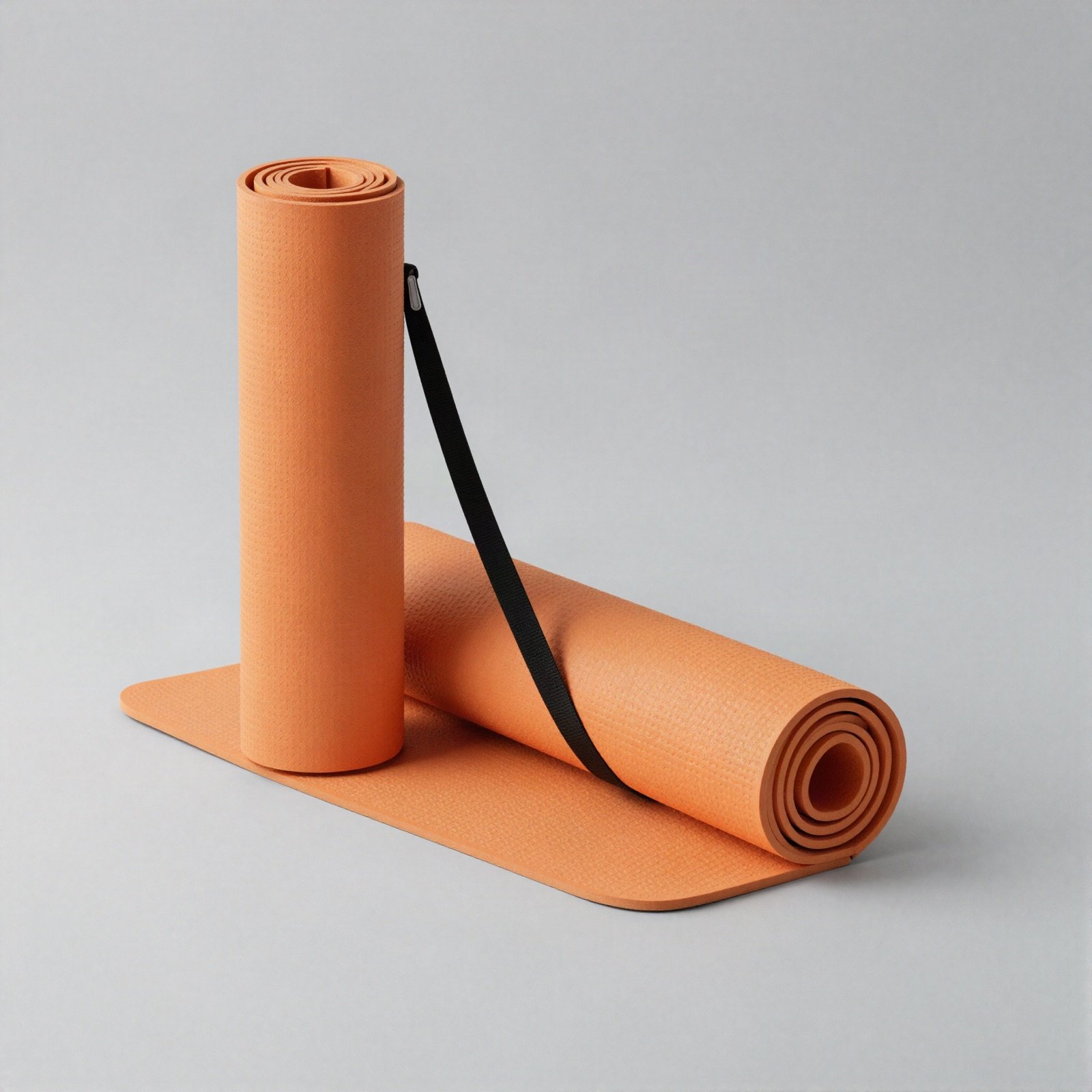 An orange non-slip yoga mat rolled up with a black carry strap