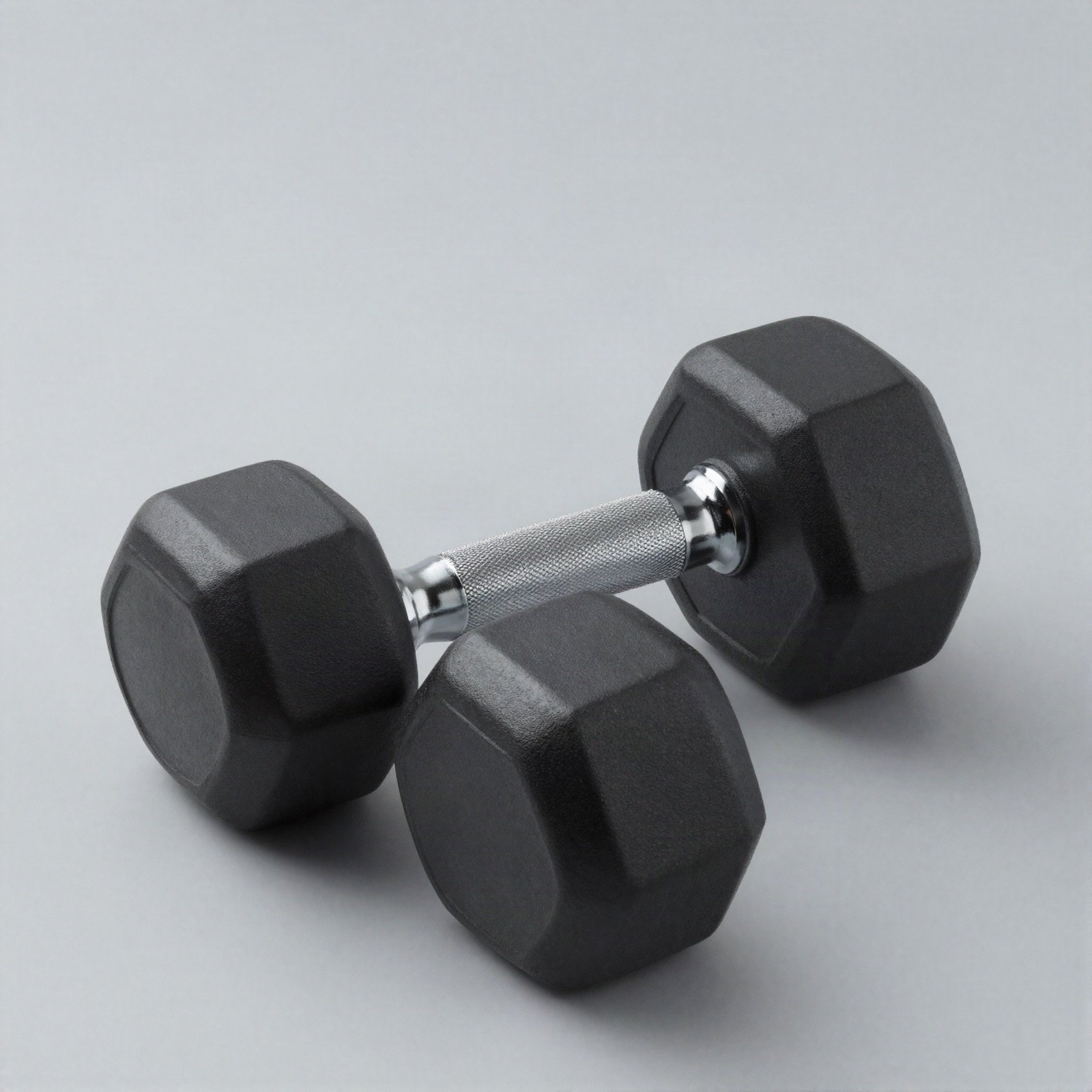 A black rubber hex dumbbell with a knurled chrome handle