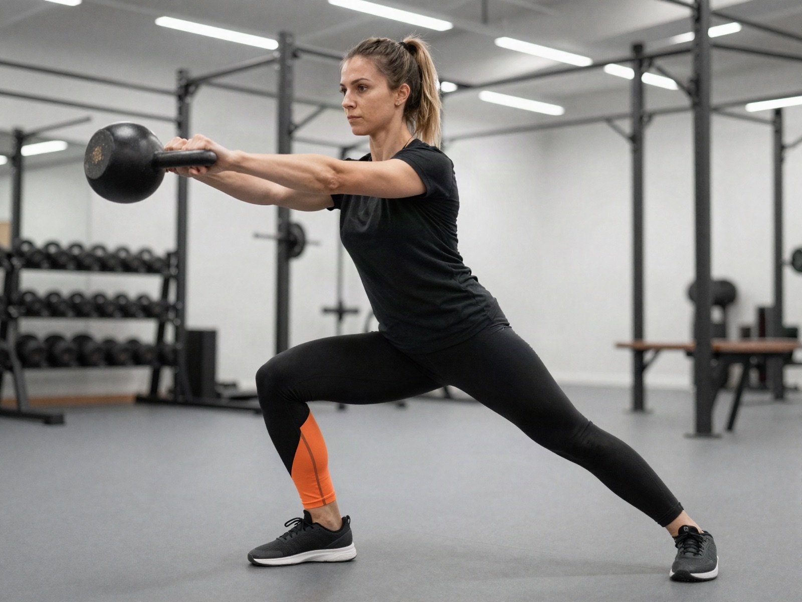 A woman in black and orange workout clothes training with a kettlebell in a gym
