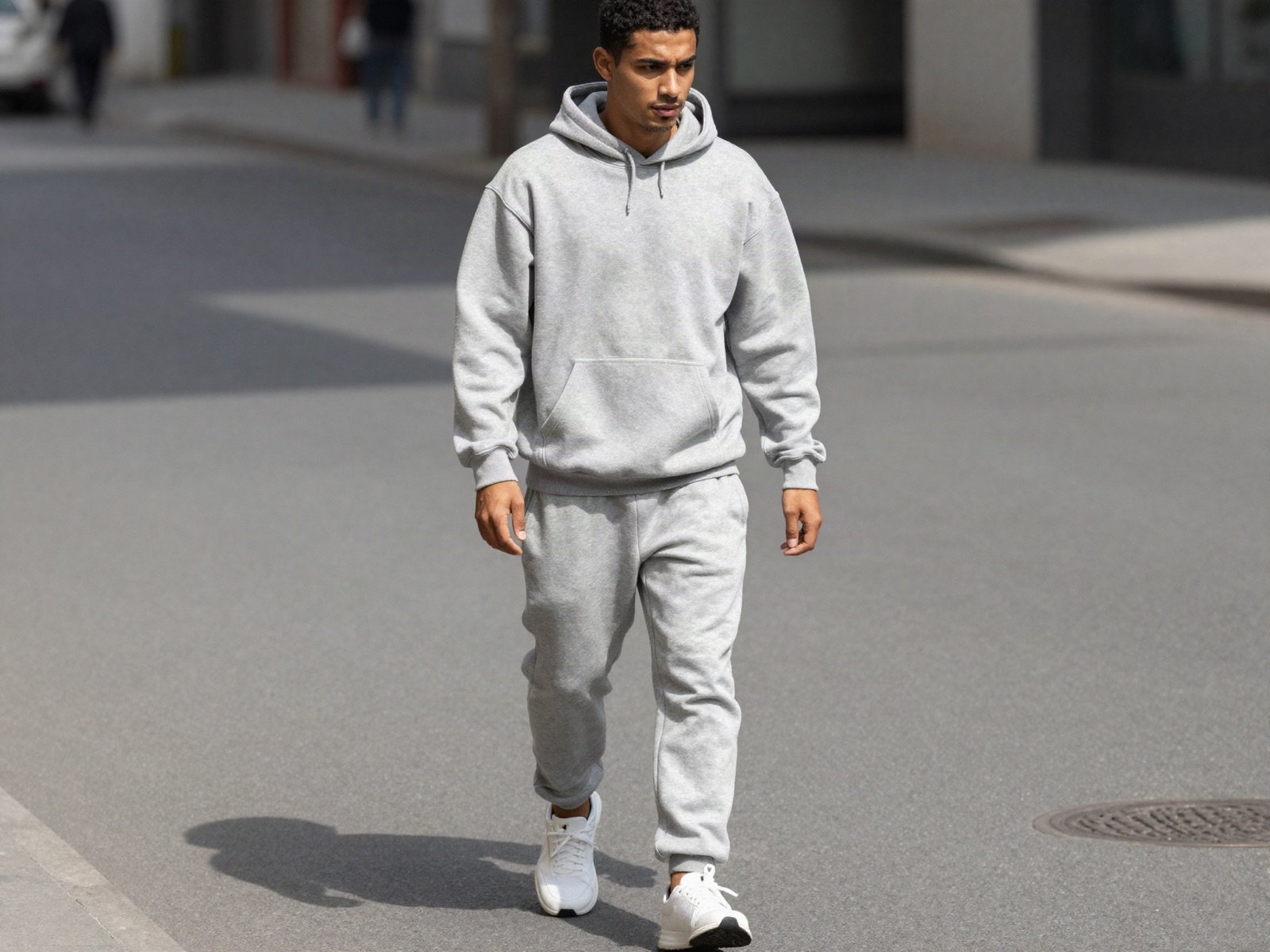 A young man in a grey hoodie and joggers walking down a sunny street