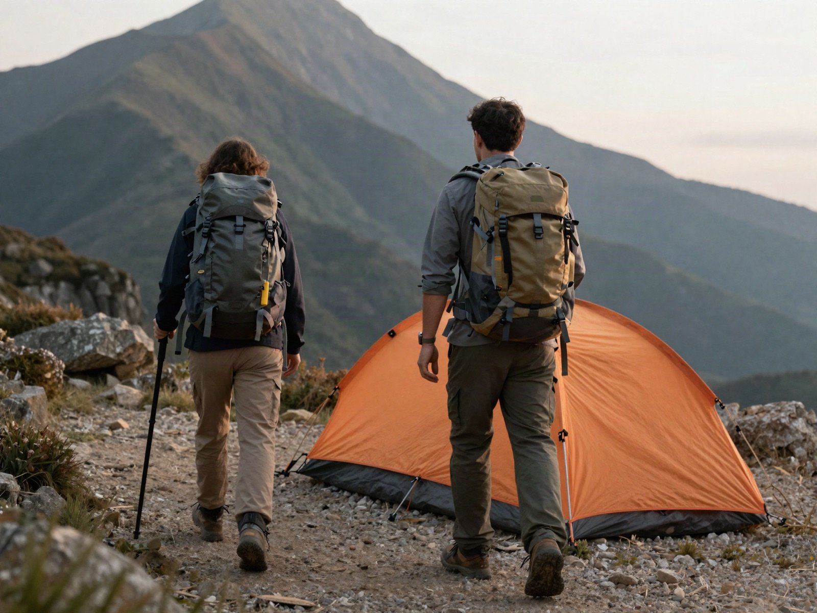 Two hikers with backpacks walking toward an orange tent on a mountain trail