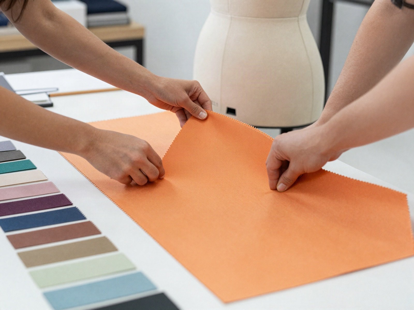Designers laying out orange technical fabric beside colour swatches and a dress form
