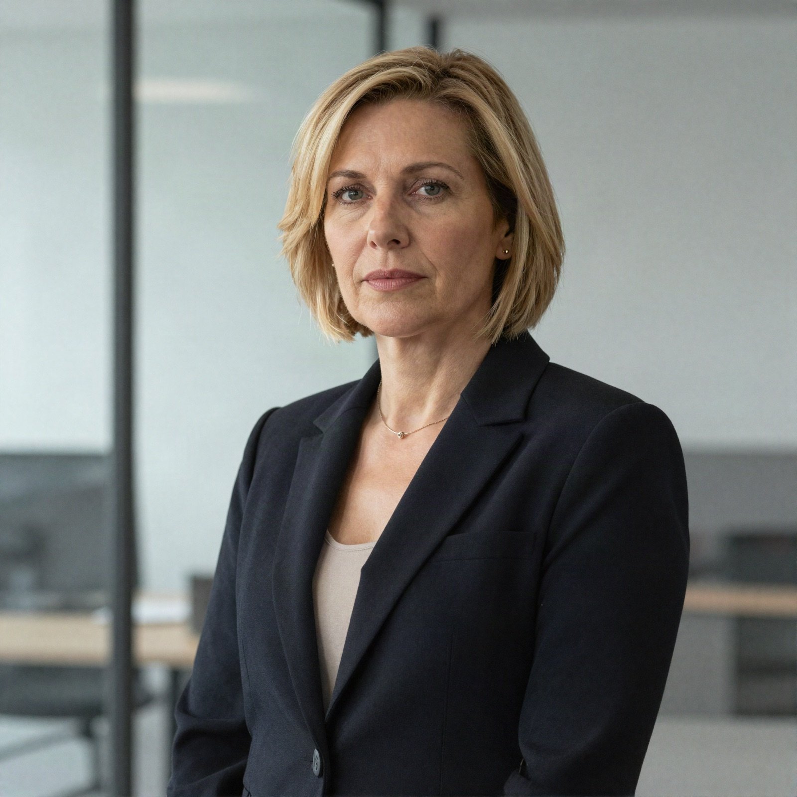 Dania Mansour, a businesswoman with short blonde hair in a black blazer