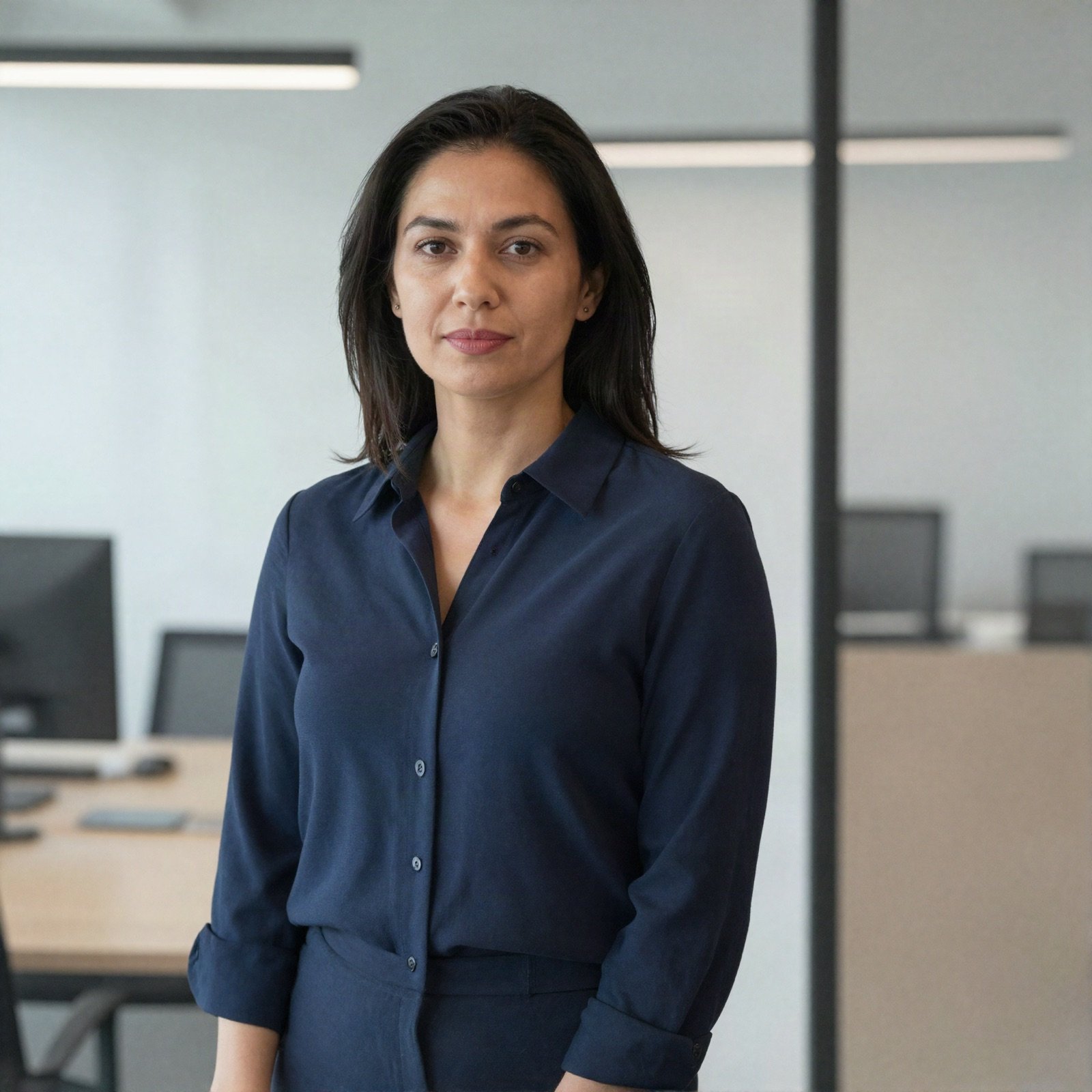 Eman Hijazi, a woman with dark hair in a navy blouse