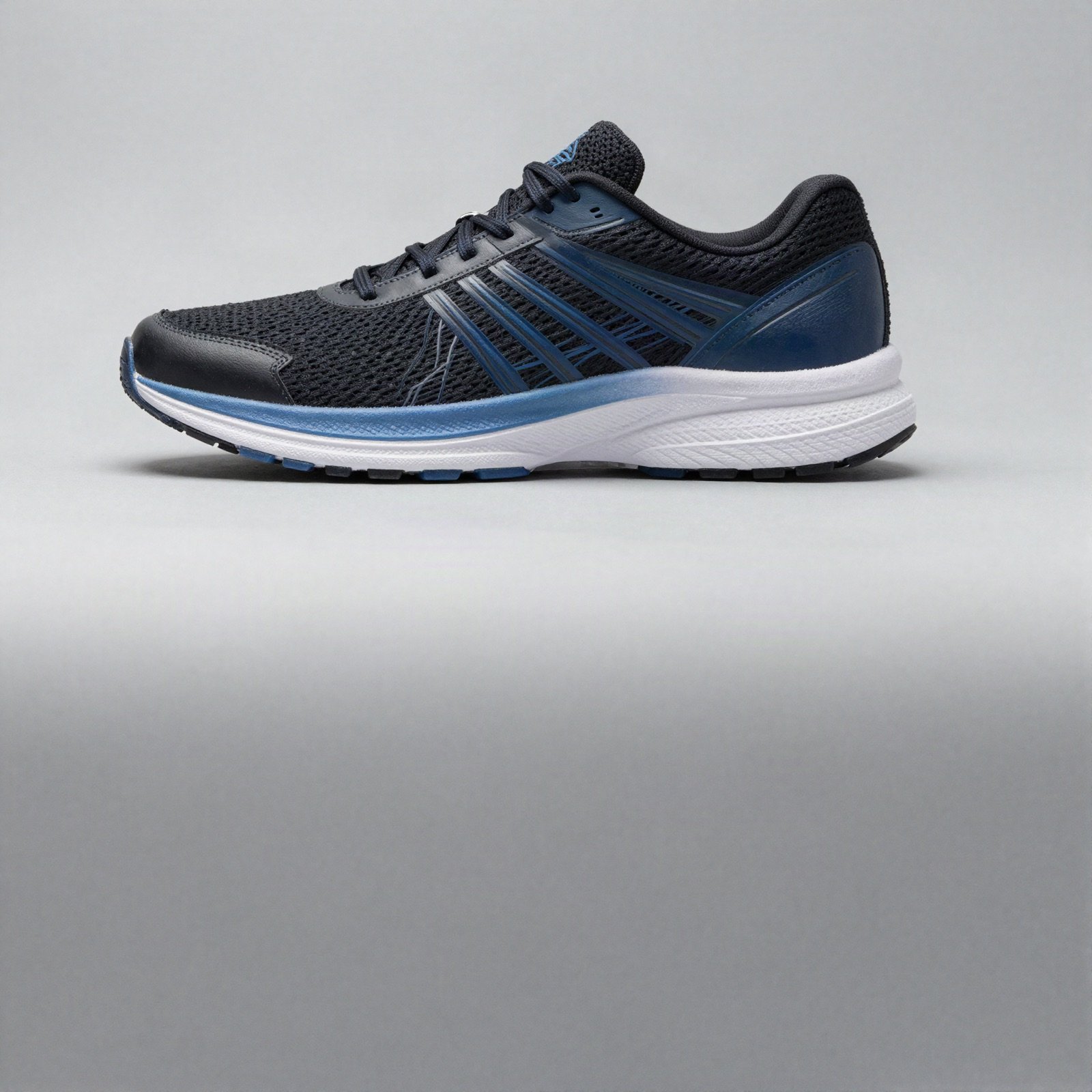 A black running shoe with blue accents and a white sole