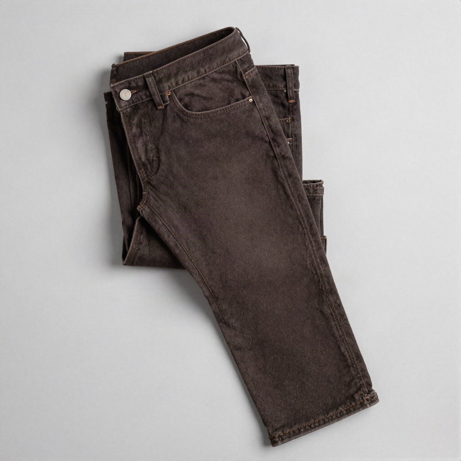 Folded dark brown straight-leg jeans