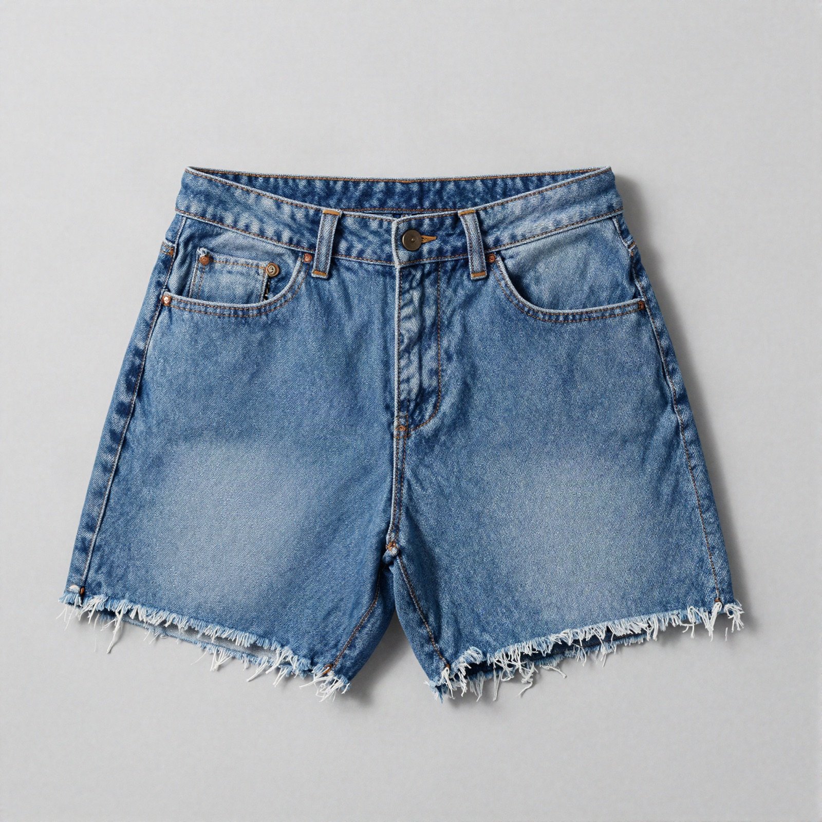 Blue denim shorts with frayed hems