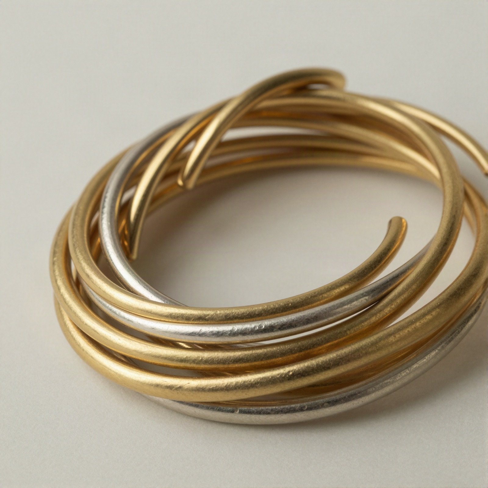 Stack of gold and silver bangle bracelets