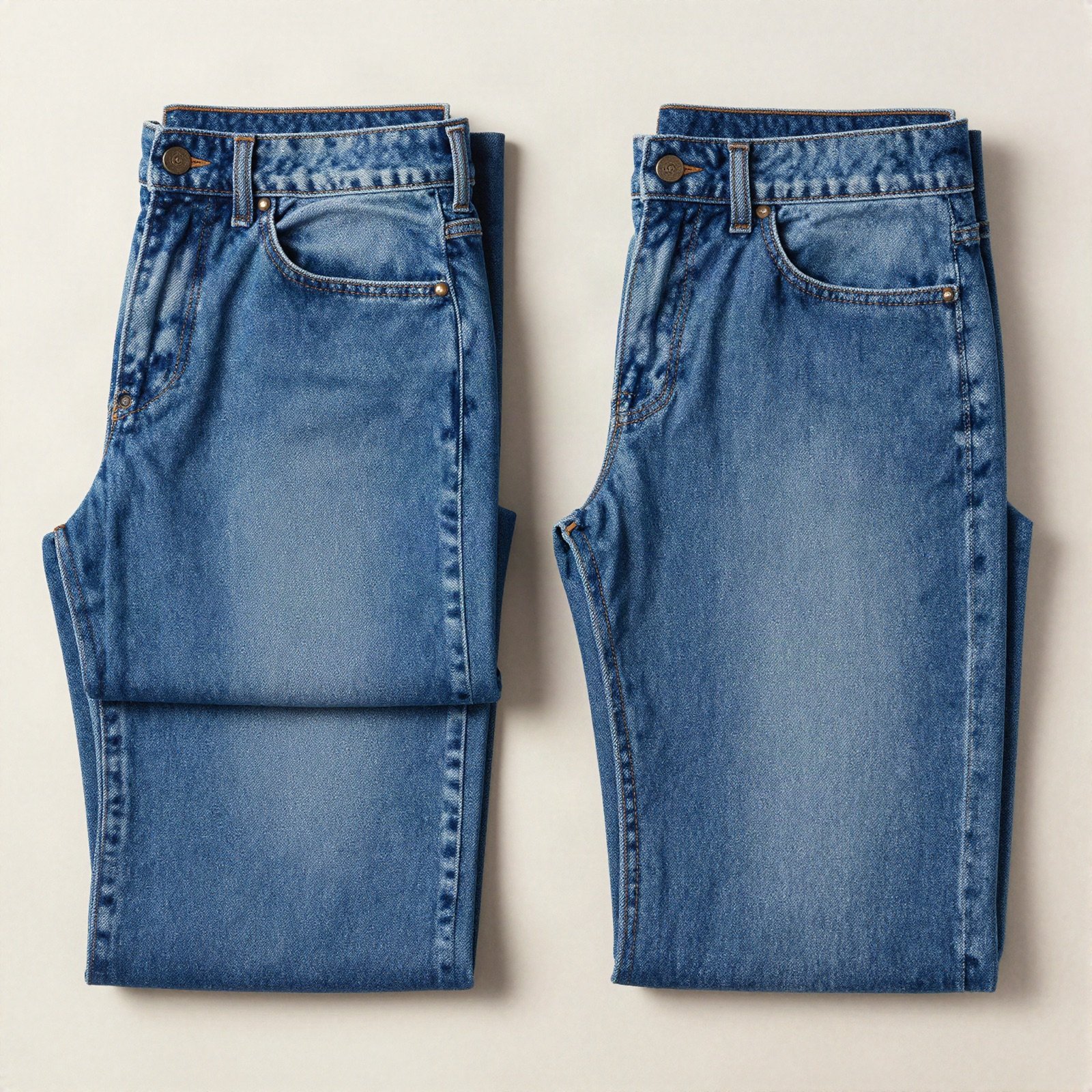 Two folded pairs of classic blue jeans