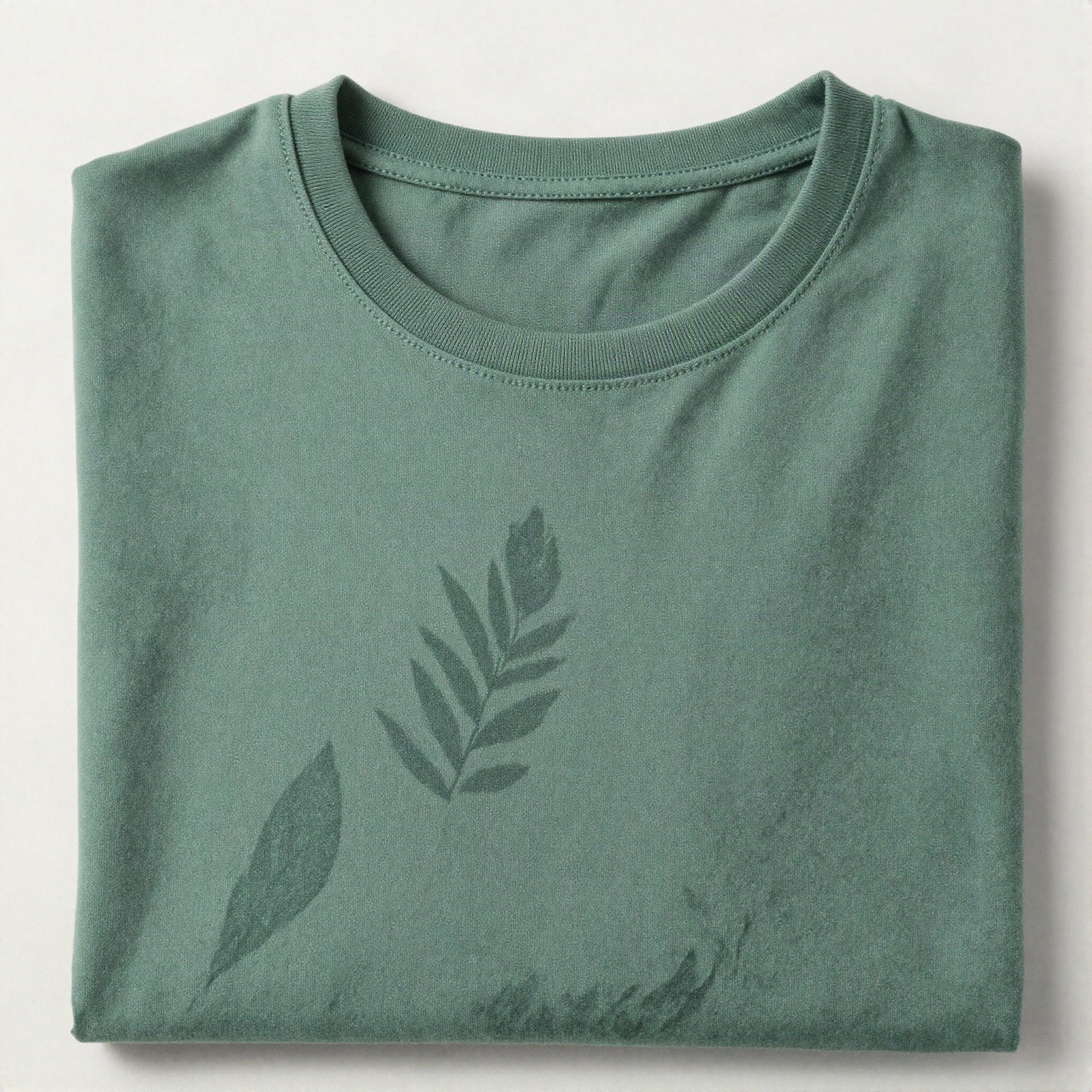 Folded green T-shirt with a leaf print