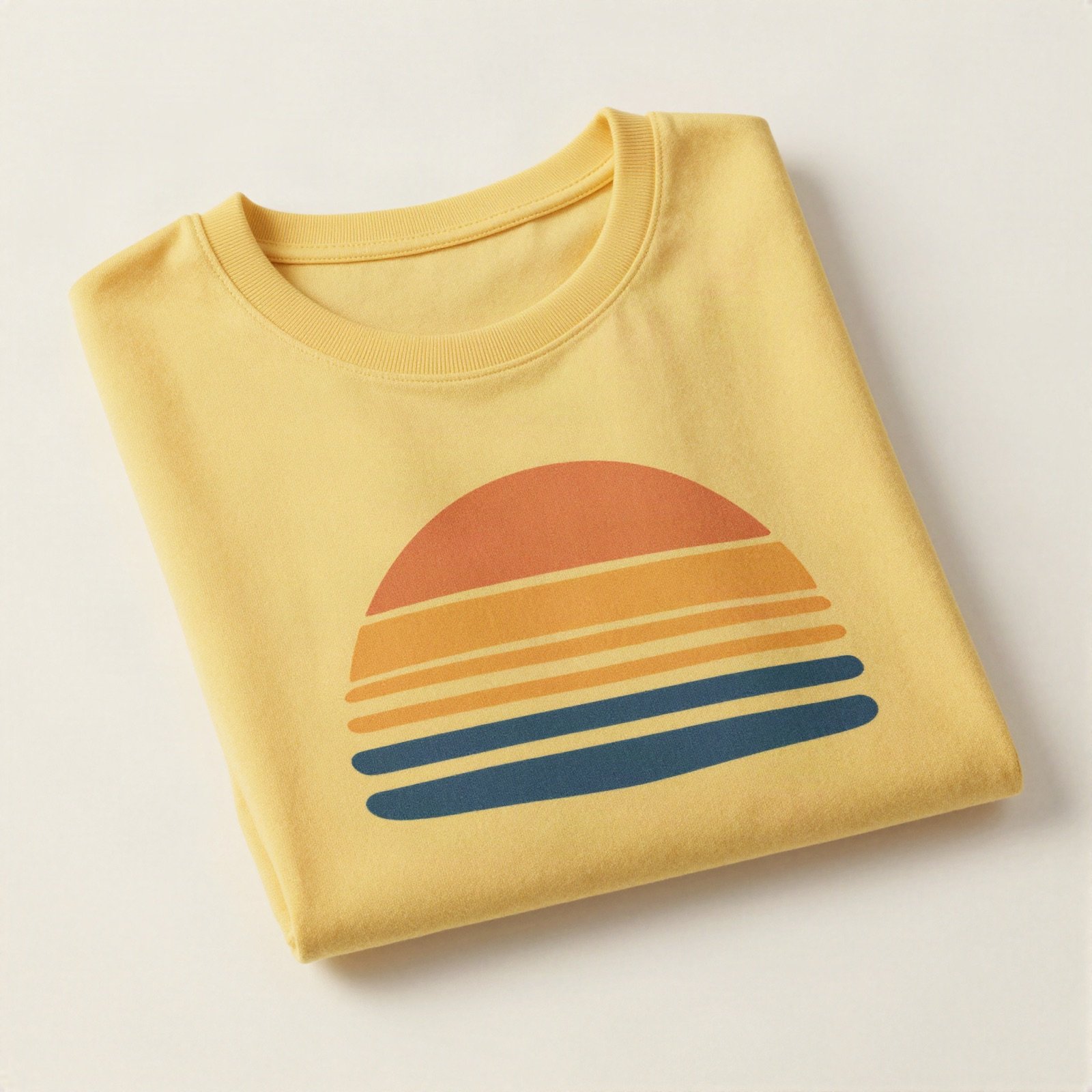 Folded yellow T-shirt with a retro sunset print