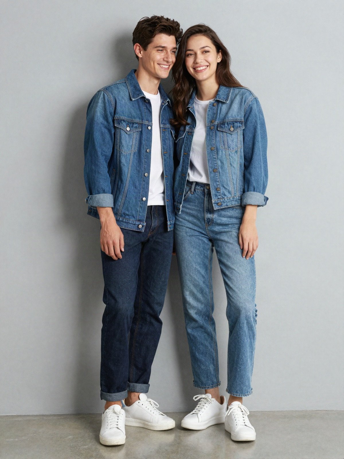 Smiling couple in denim jackets and jeans against a grey wall
