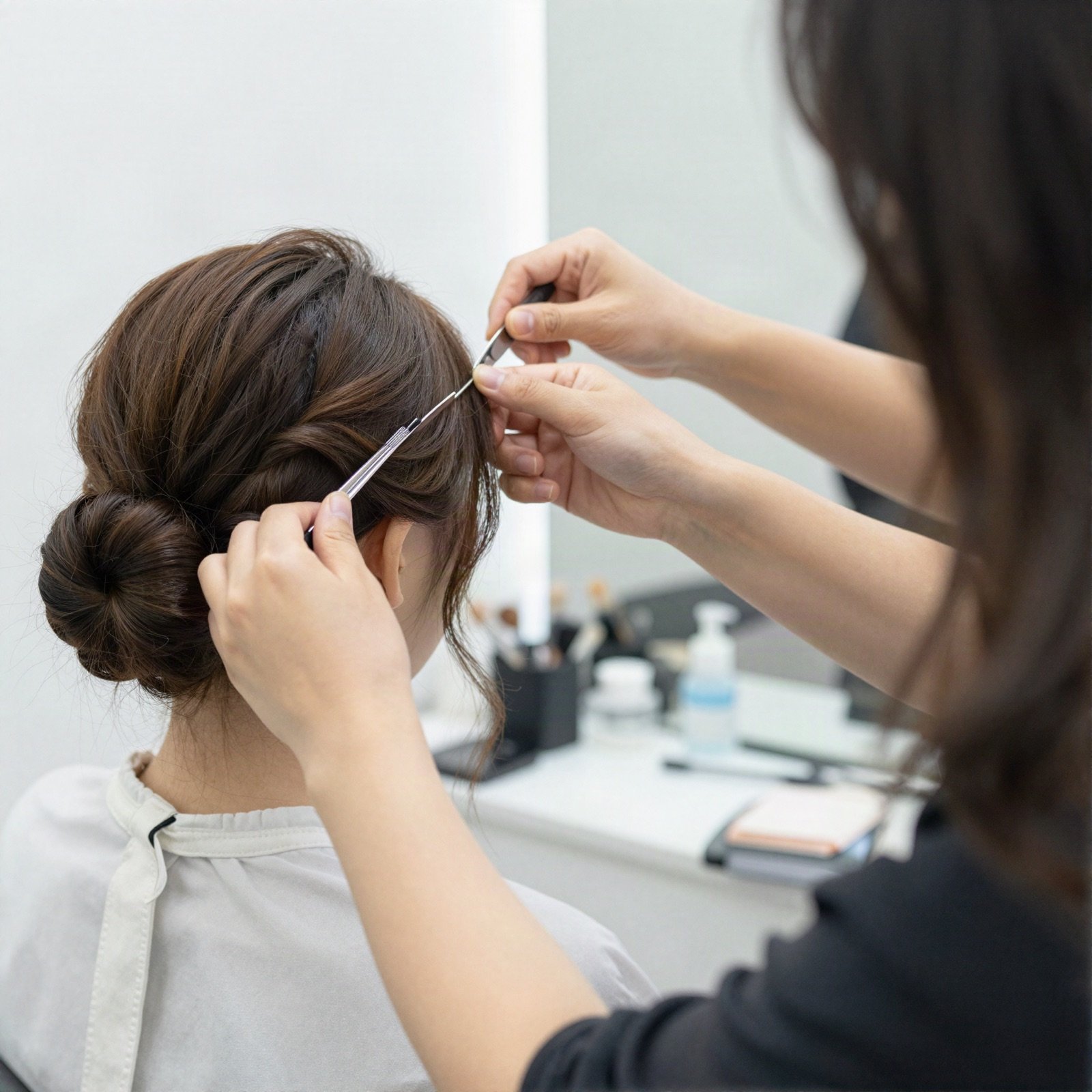Stylist pinning a client's hair into a low chignon