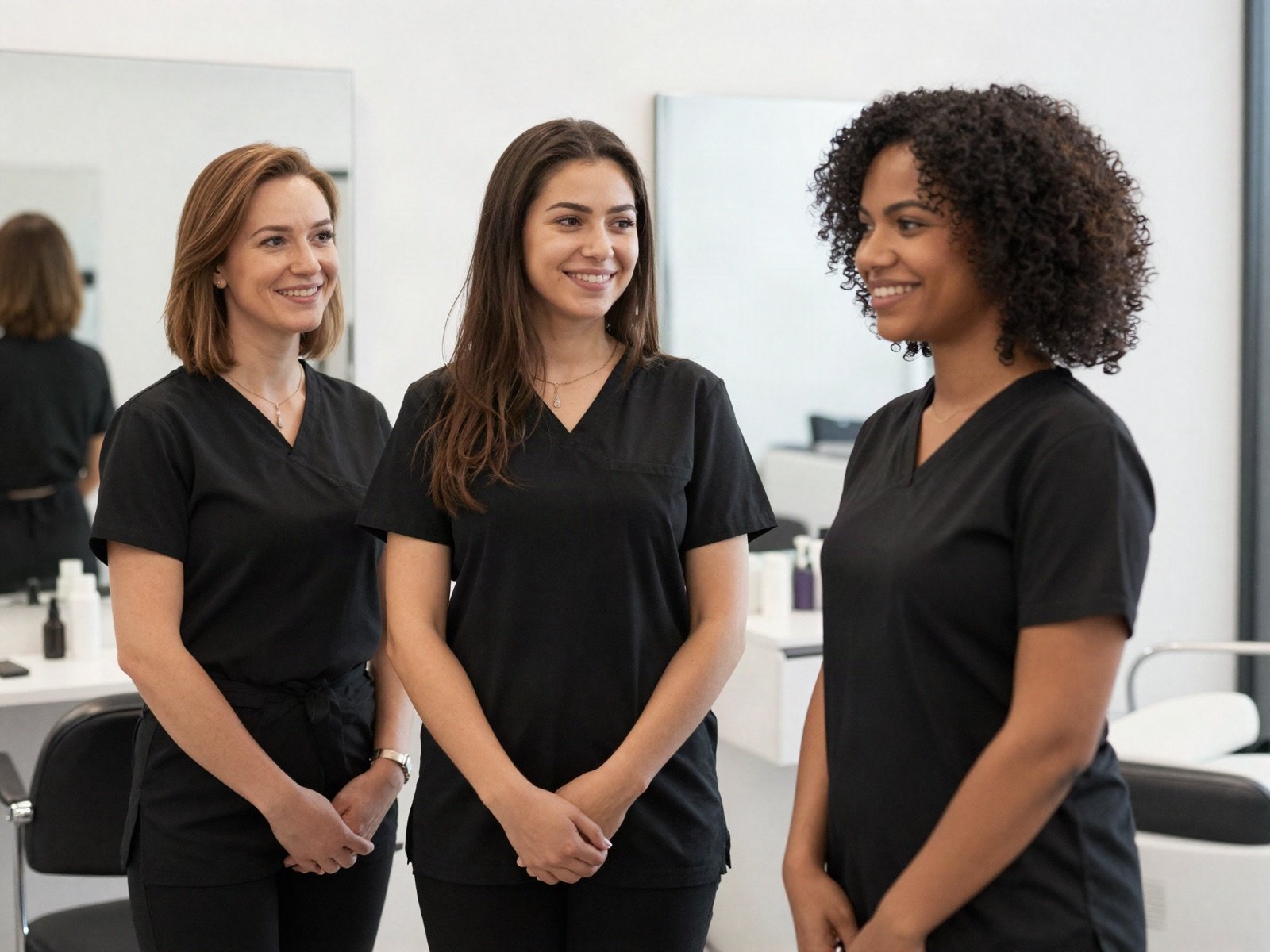 ثلاث خبيرات تجميل مبتسمات بأزياء سوداء في صالون مشرق