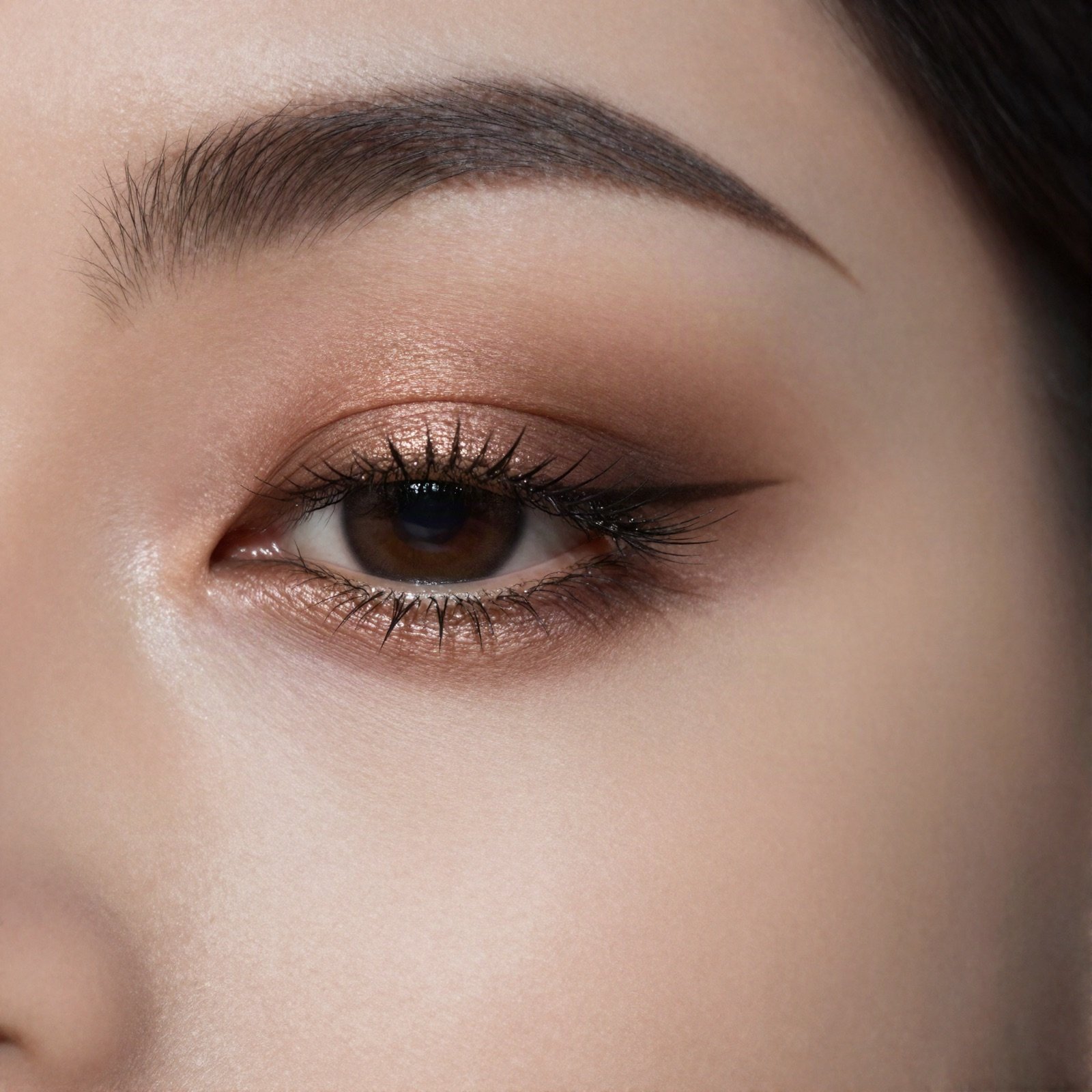 Close-up of a bronze smoky eye with long lashes