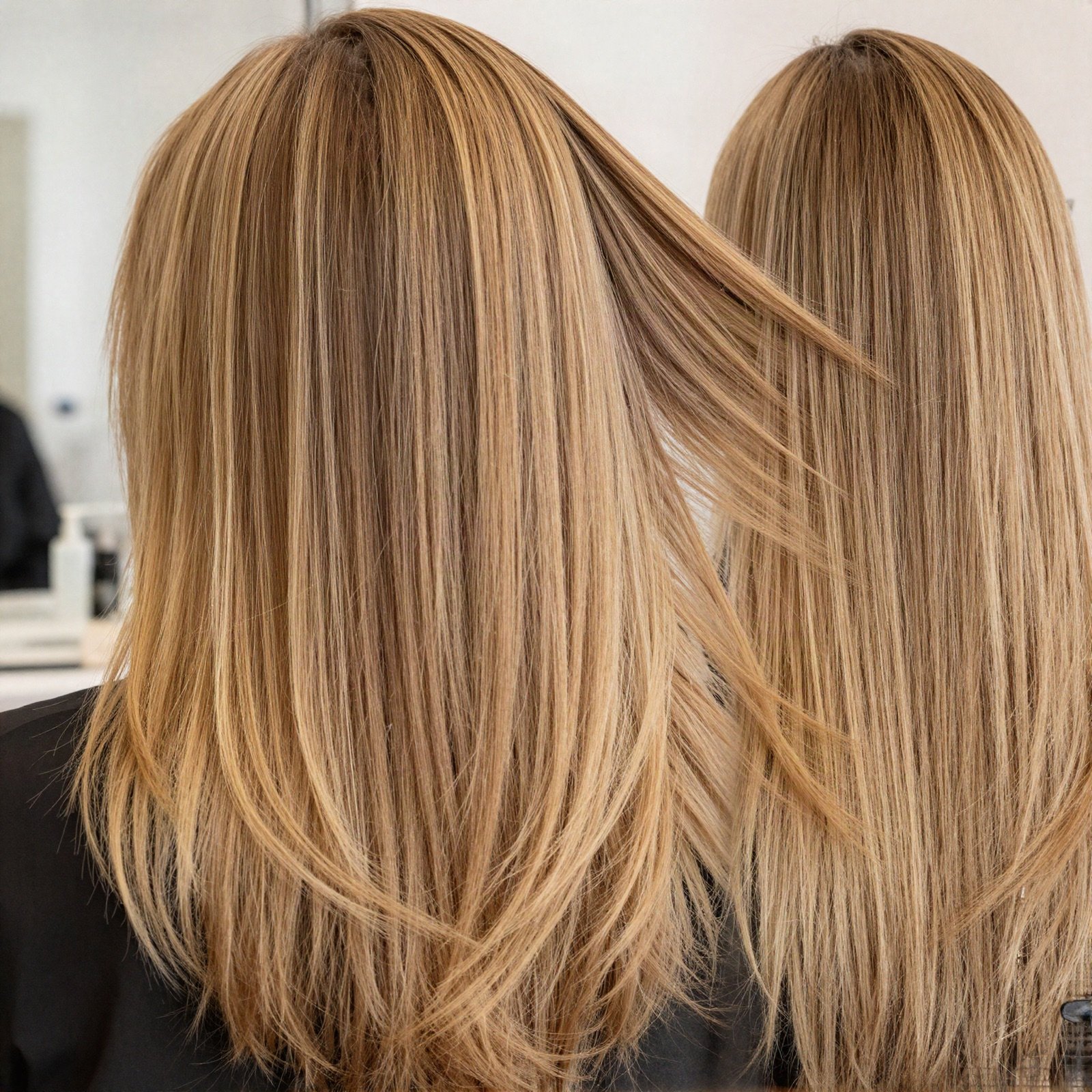 Long honey blonde balayage hair seen from behind