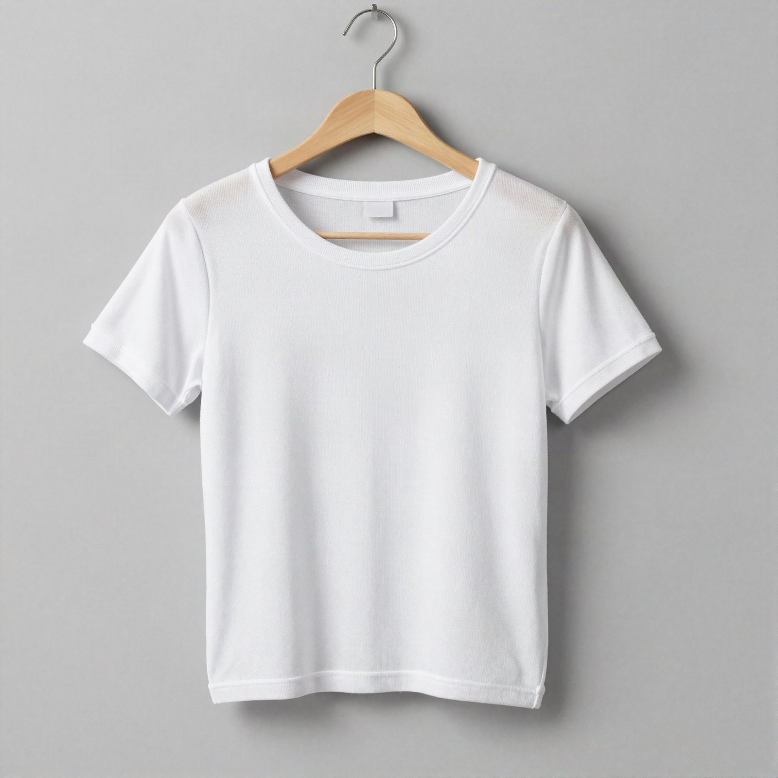 Cropped ribbed white t-shirt on a wooden hanger