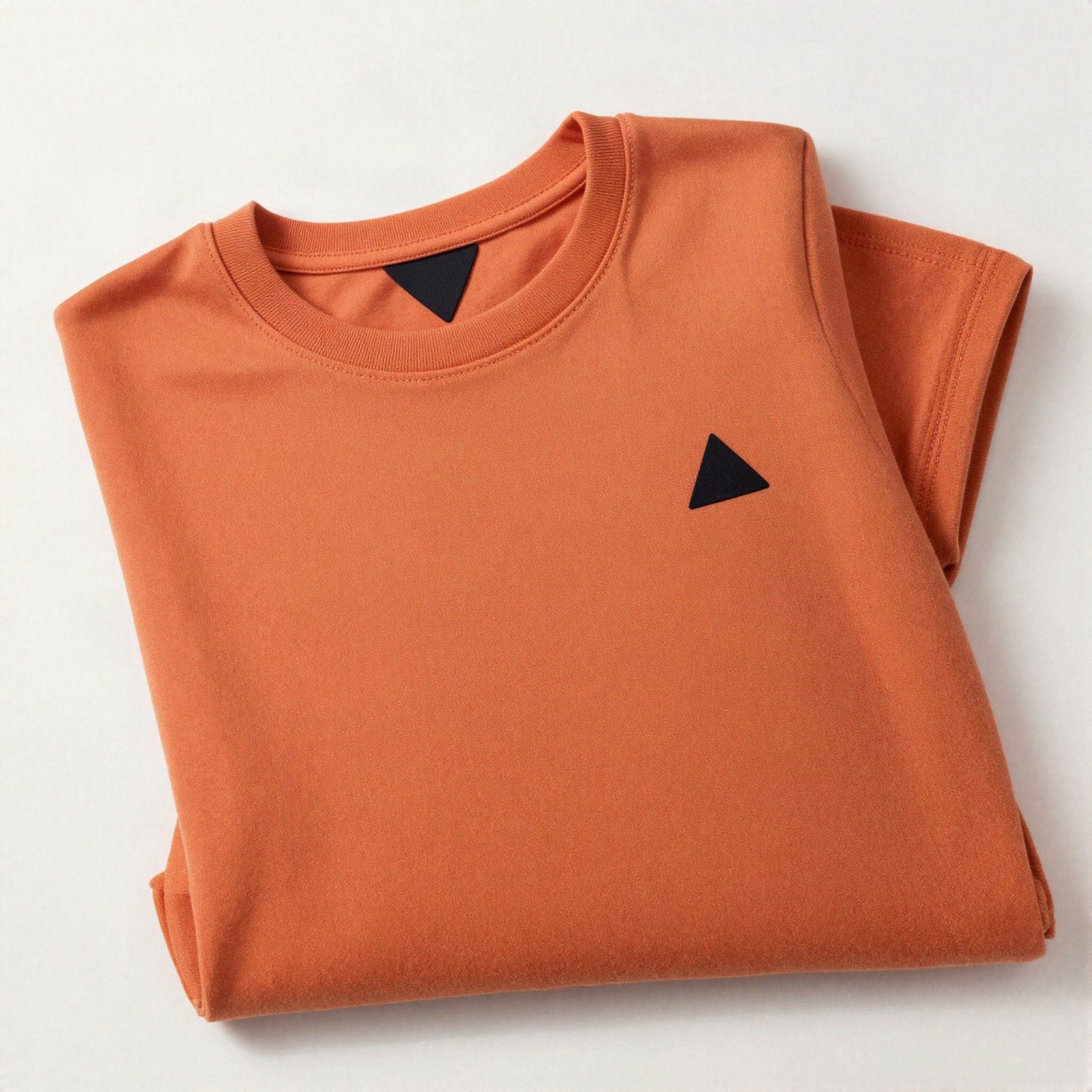 Folded orange t-shirt with a small black triangle print