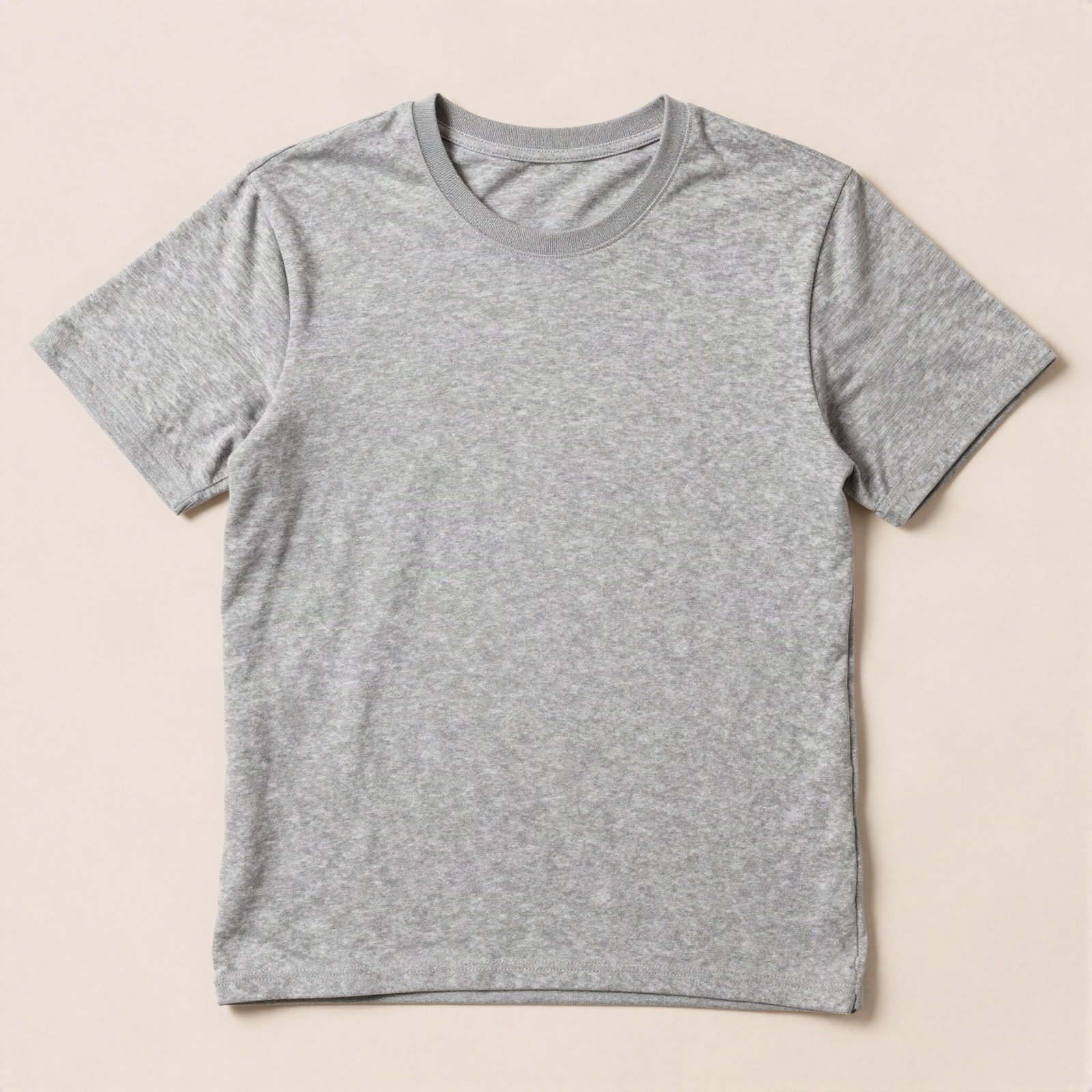 Plain heather grey cotton crew-neck t-shirt laid flat