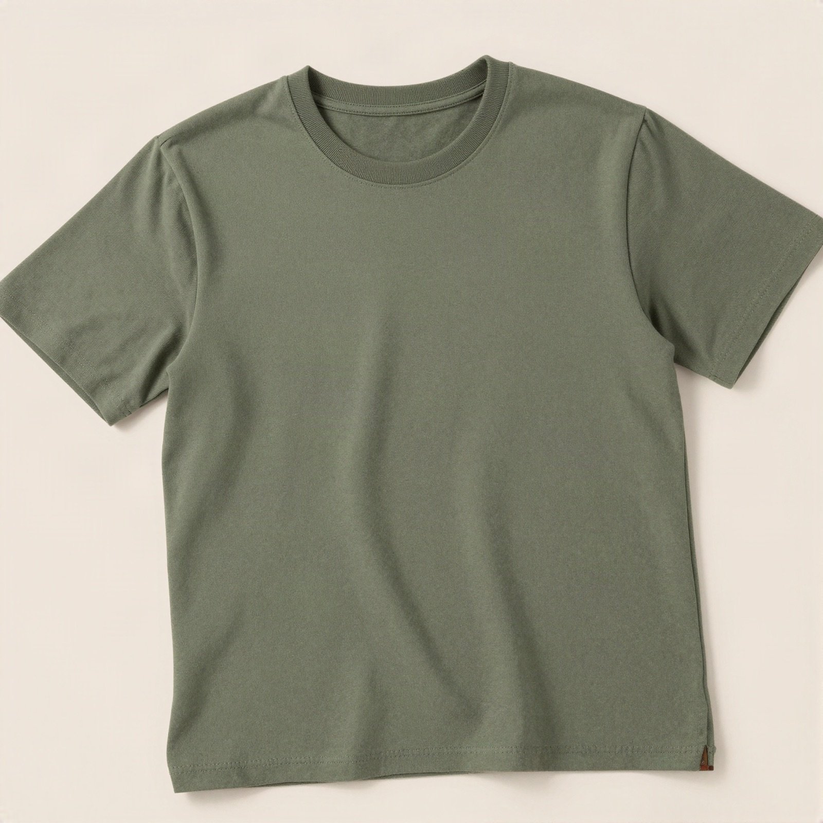 Plain olive green heavyweight cotton t-shirt laid flat