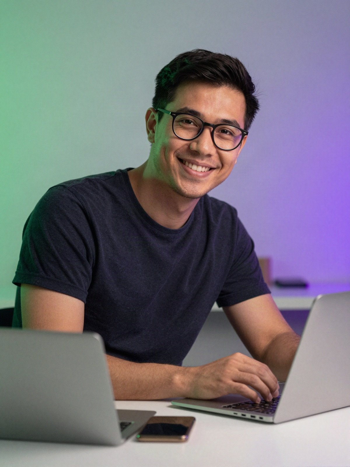 Portrait of a smiling tech blogger with glasses at his desk with a laptop