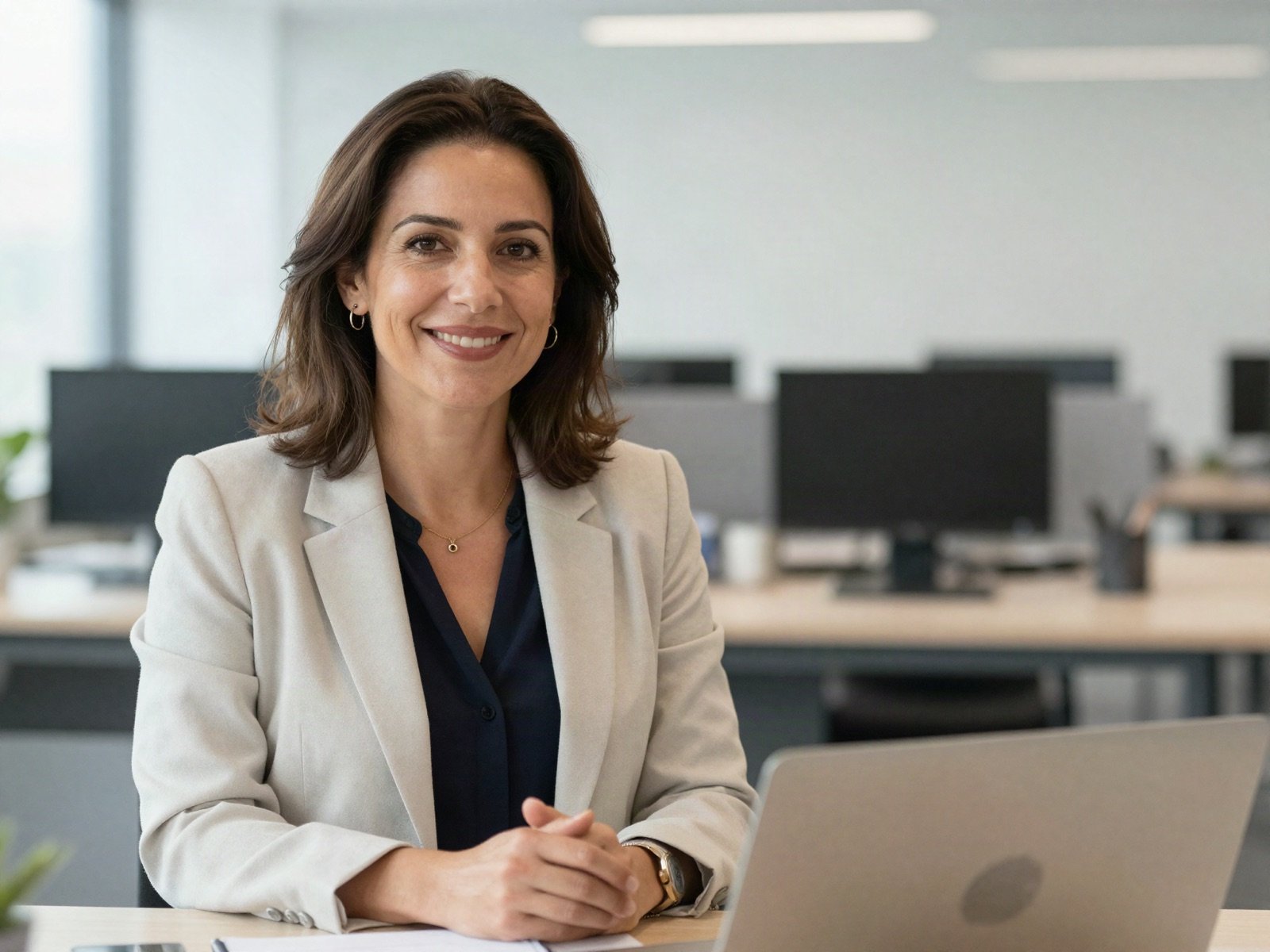 دانة المصري، المؤسِّسة والرئيسة التنفيذية، مبتسمة إلى مكتبها في غرفة الأخبار