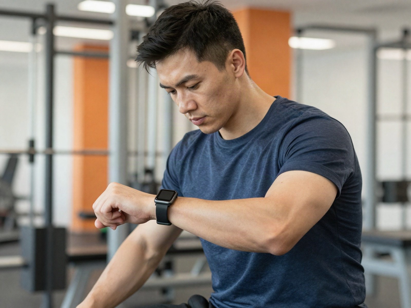 Man checking his workout stats on a smartwatch in a gym