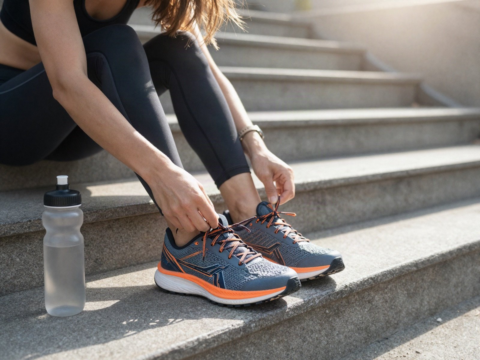 Woman lacing her running shoes on a city staircase before a run