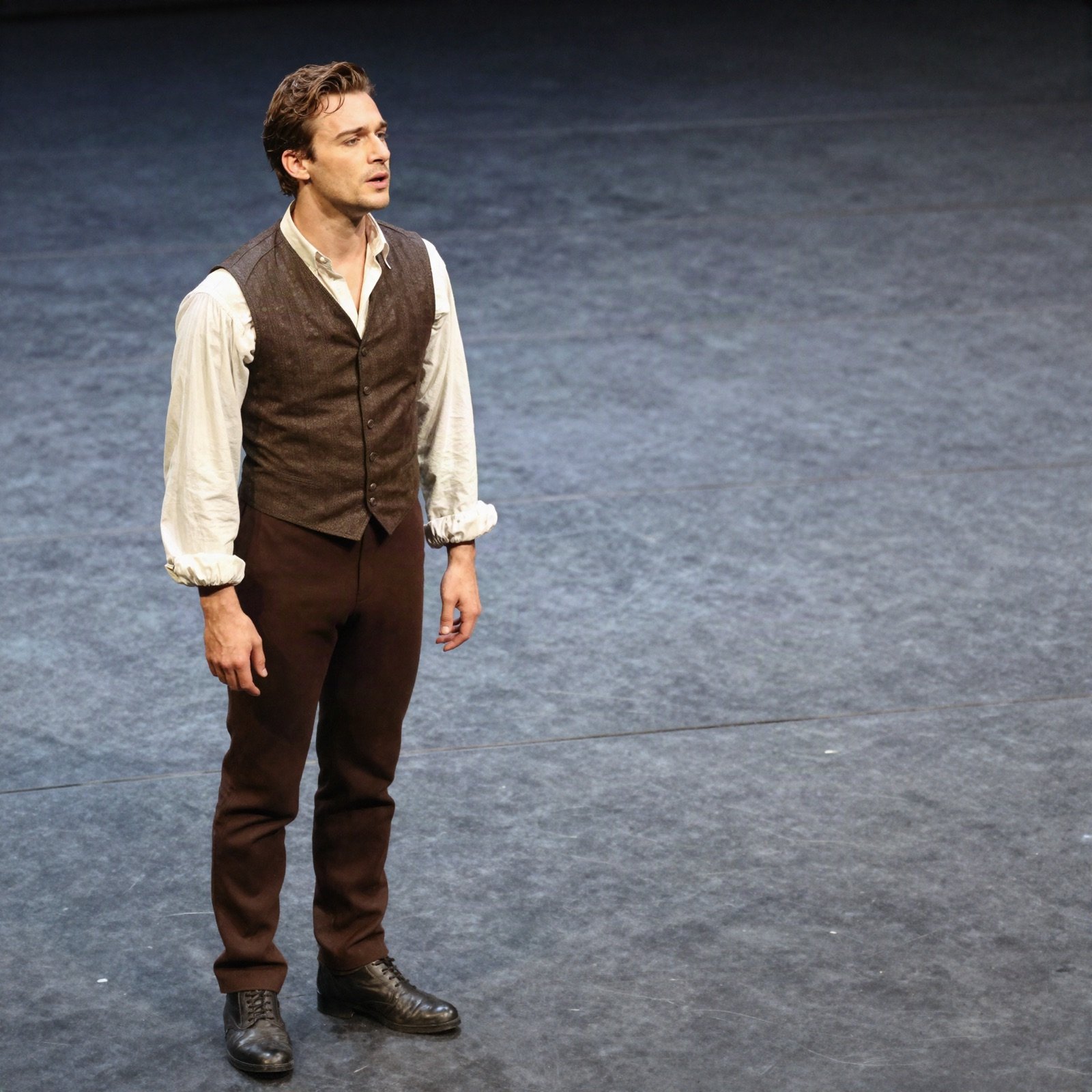 Actor in a period costume delivering a monologue under a spotlight