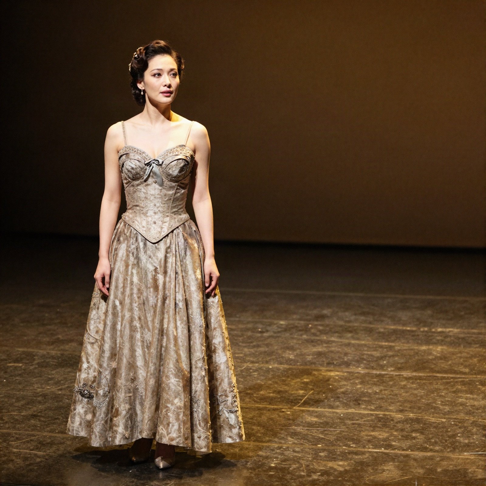 Actress in a vintage gown on a dark stage in golden light