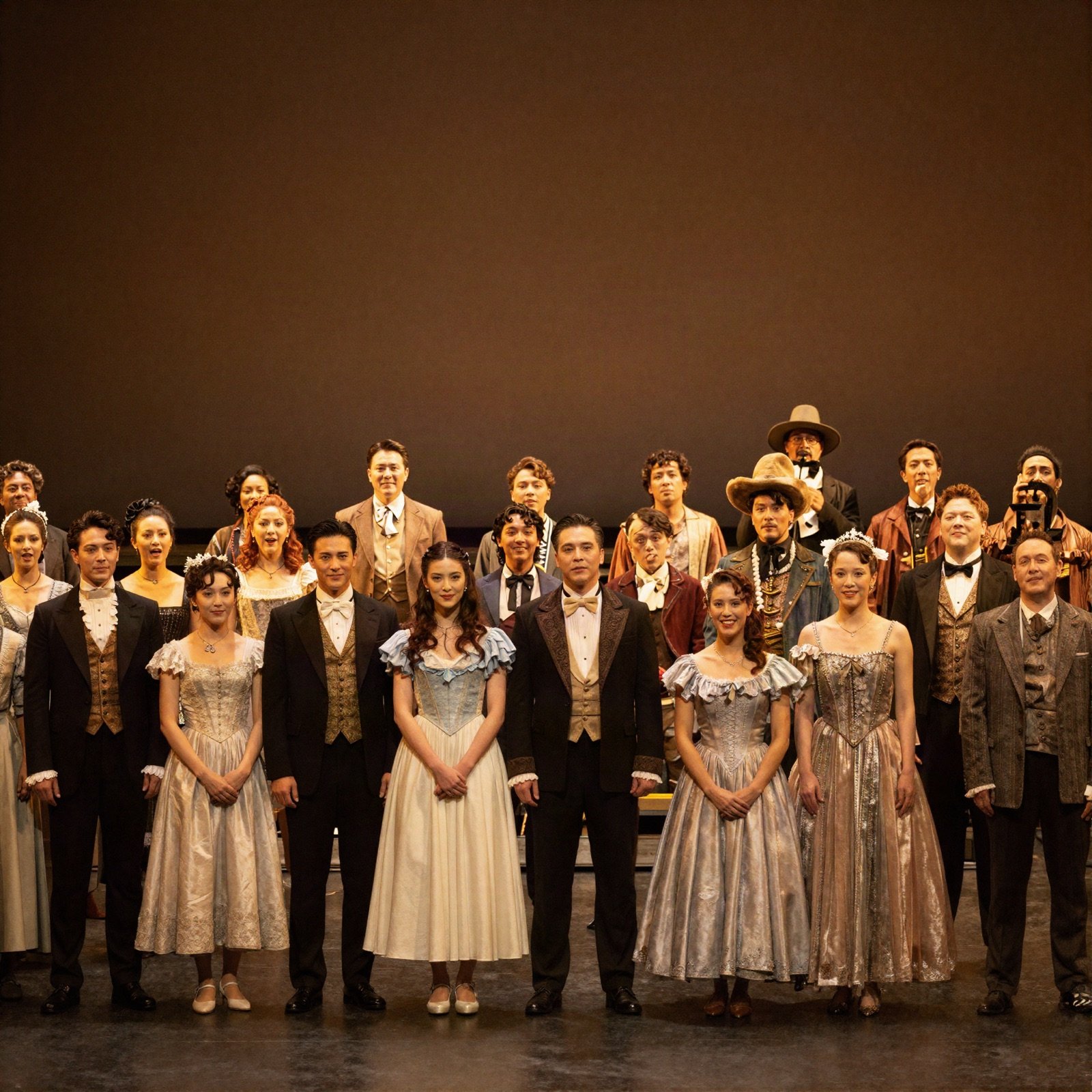 Theatre ensemble in classic costumes on stage