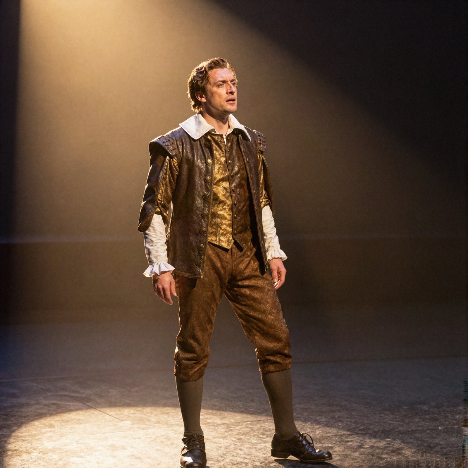 Actor in an Elizabethan costume delivering a monologue under a spotlight