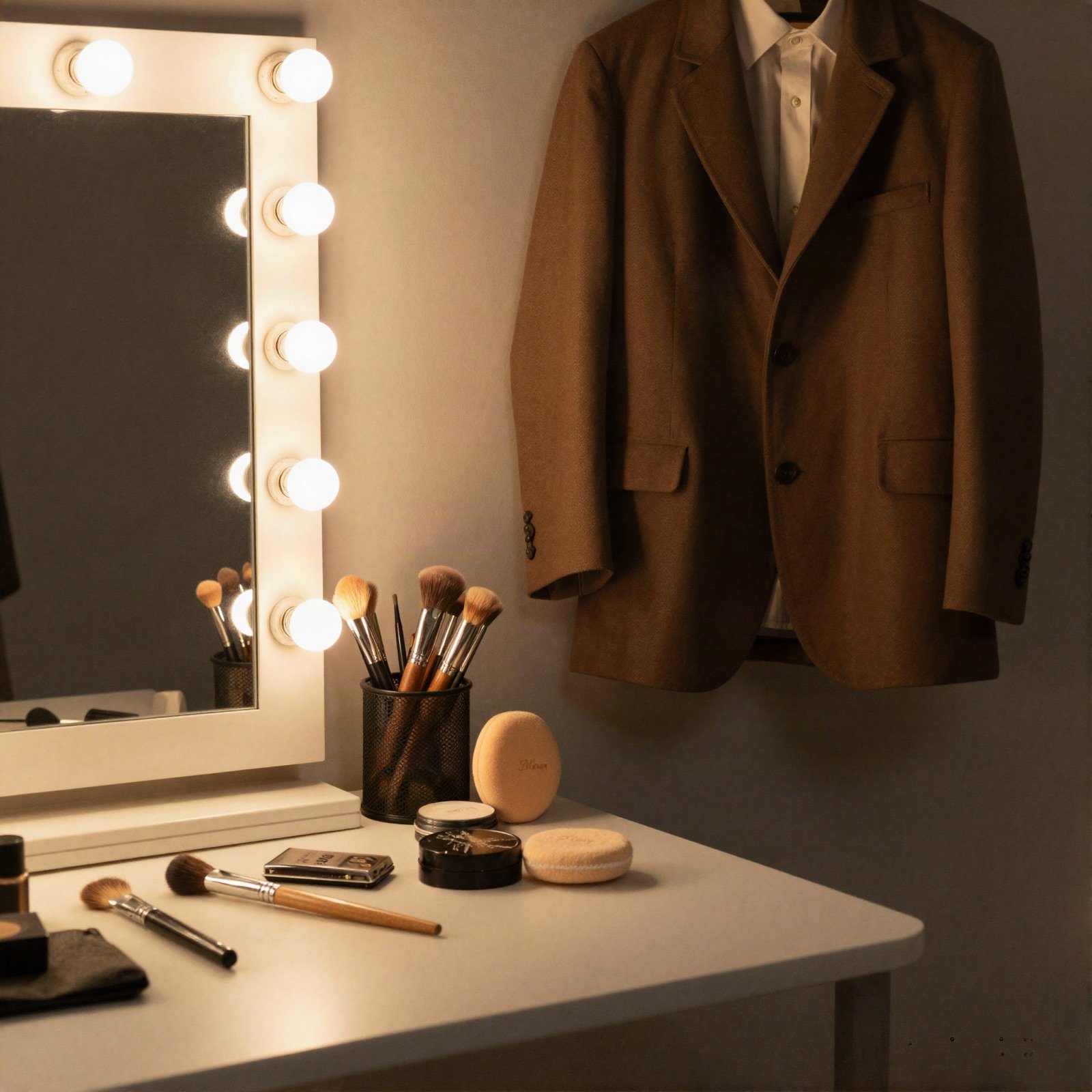 Dressing room table with a bulb-lit mirror, makeup brushes and a costume jacket