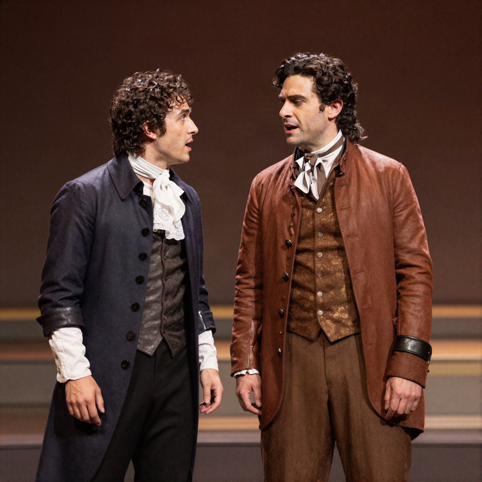 Two actors in 19th-century costumes in a dramatic scene on stage