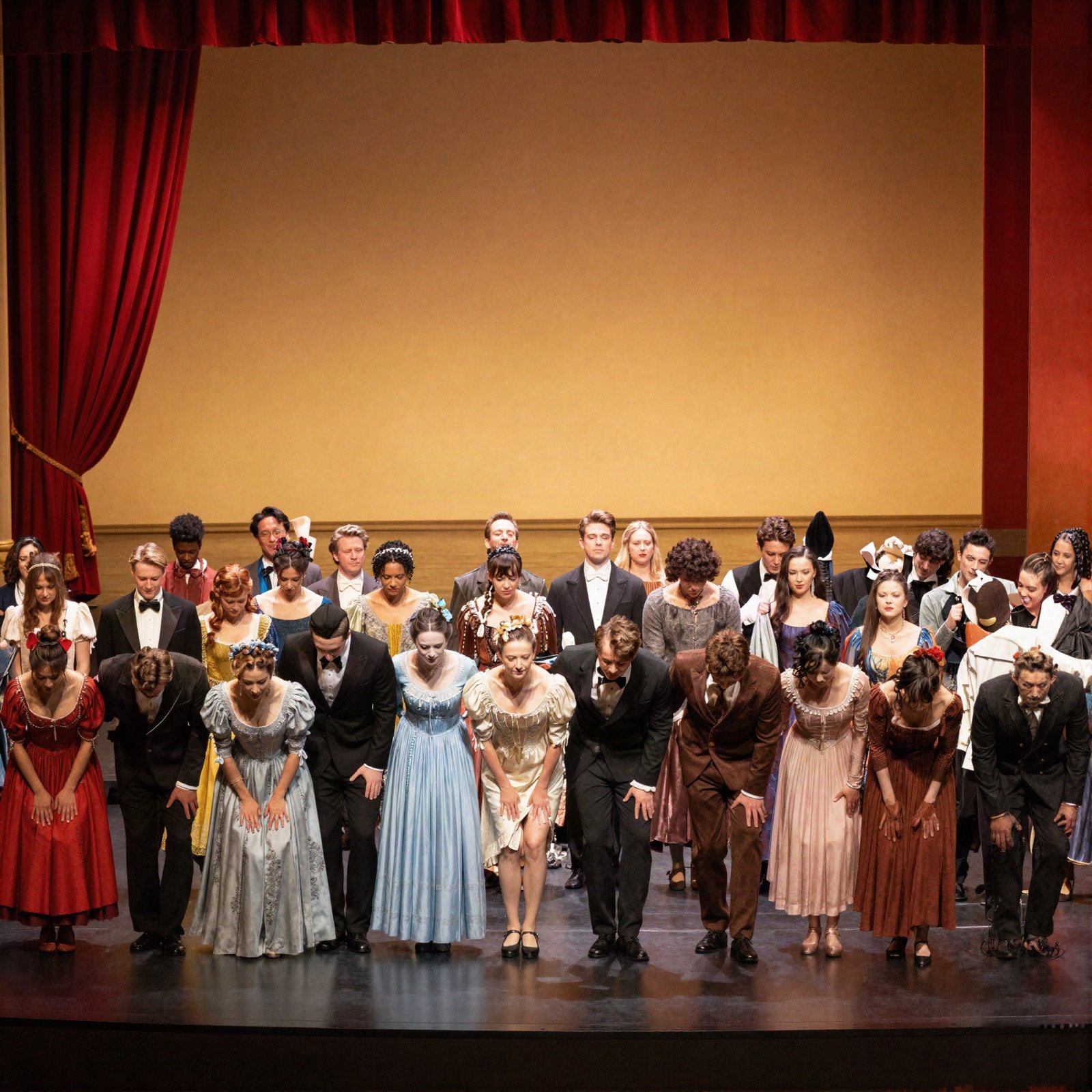 Cast in period costumes bowing at the curtain call