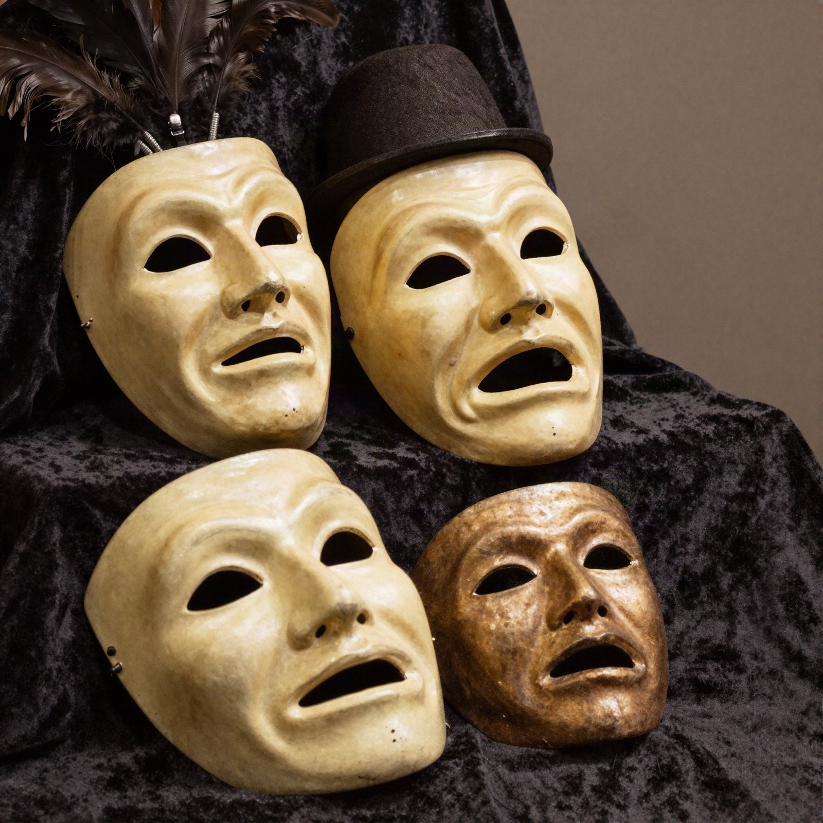Theatrical masks and a feathered hat on dark velvet backstage