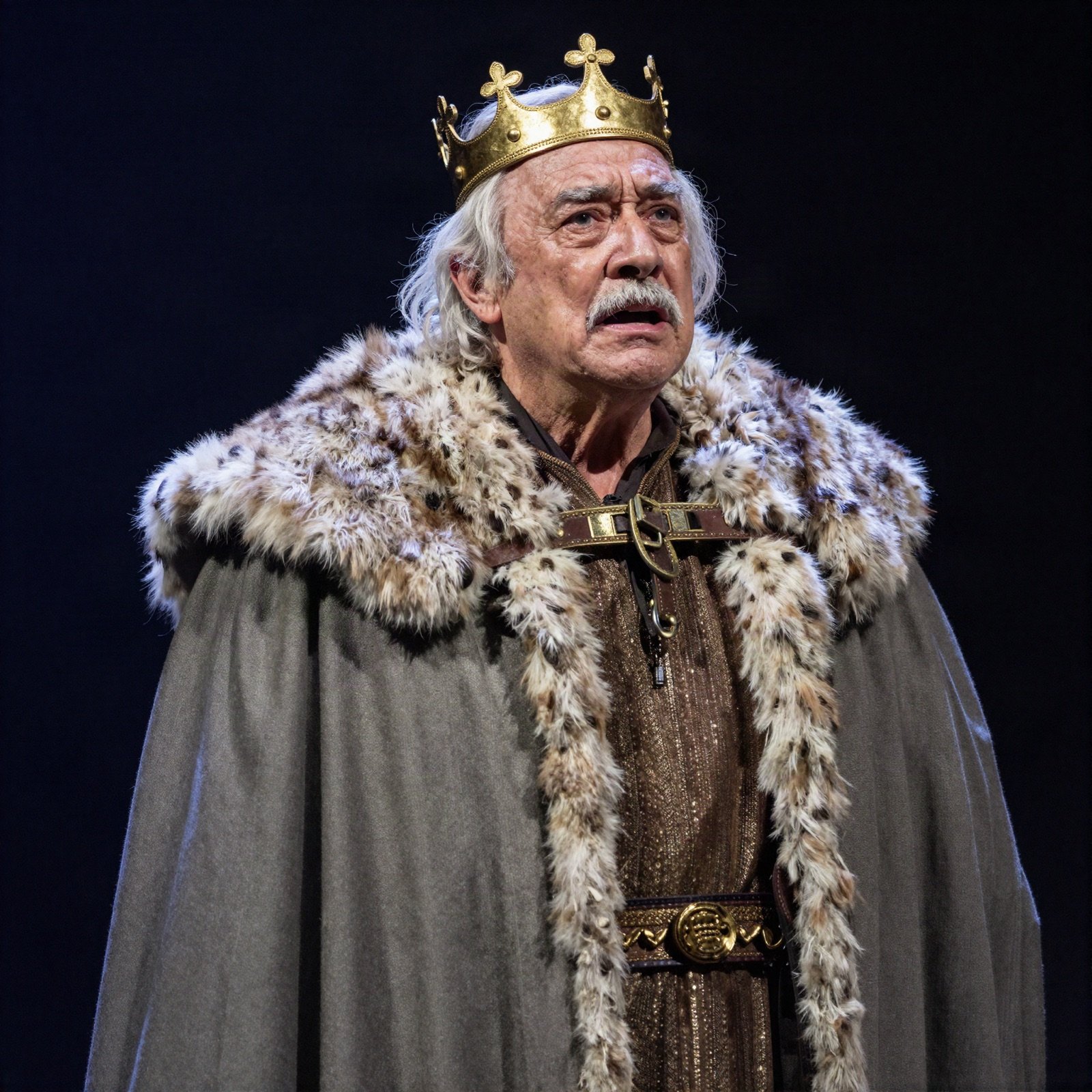 Stage actor as an old king in a gold crown and fur-trimmed robe