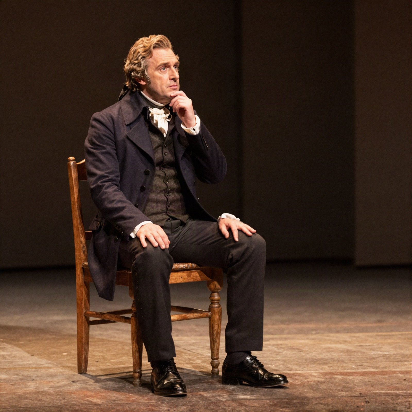 Stage actor in a 19th-century frock coat seated on a wooden chair