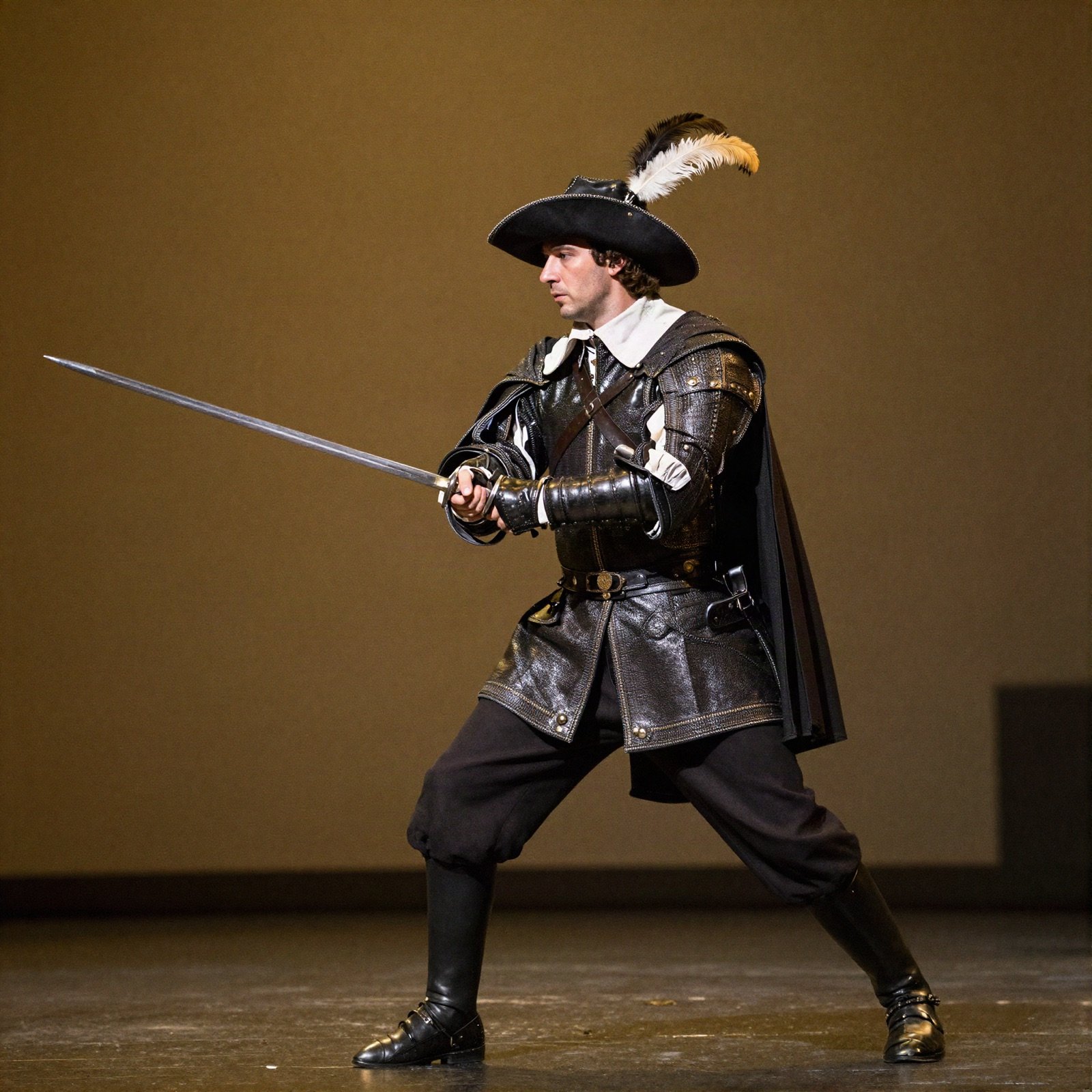 Stage actor as a 17th-century swordsman with a cape, feathered hat and rapier