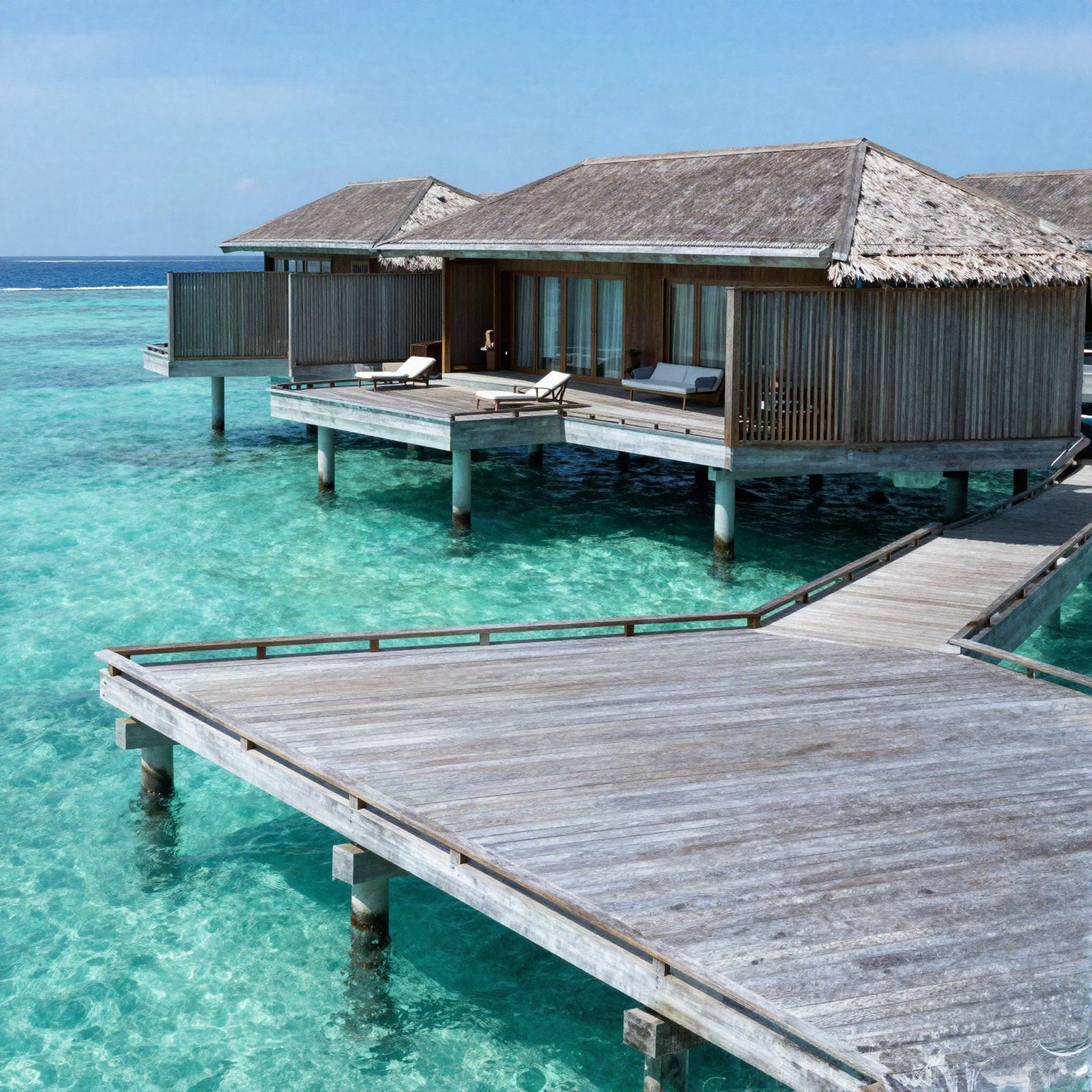 Overwater villa with a wooden deck above clear turquoise water