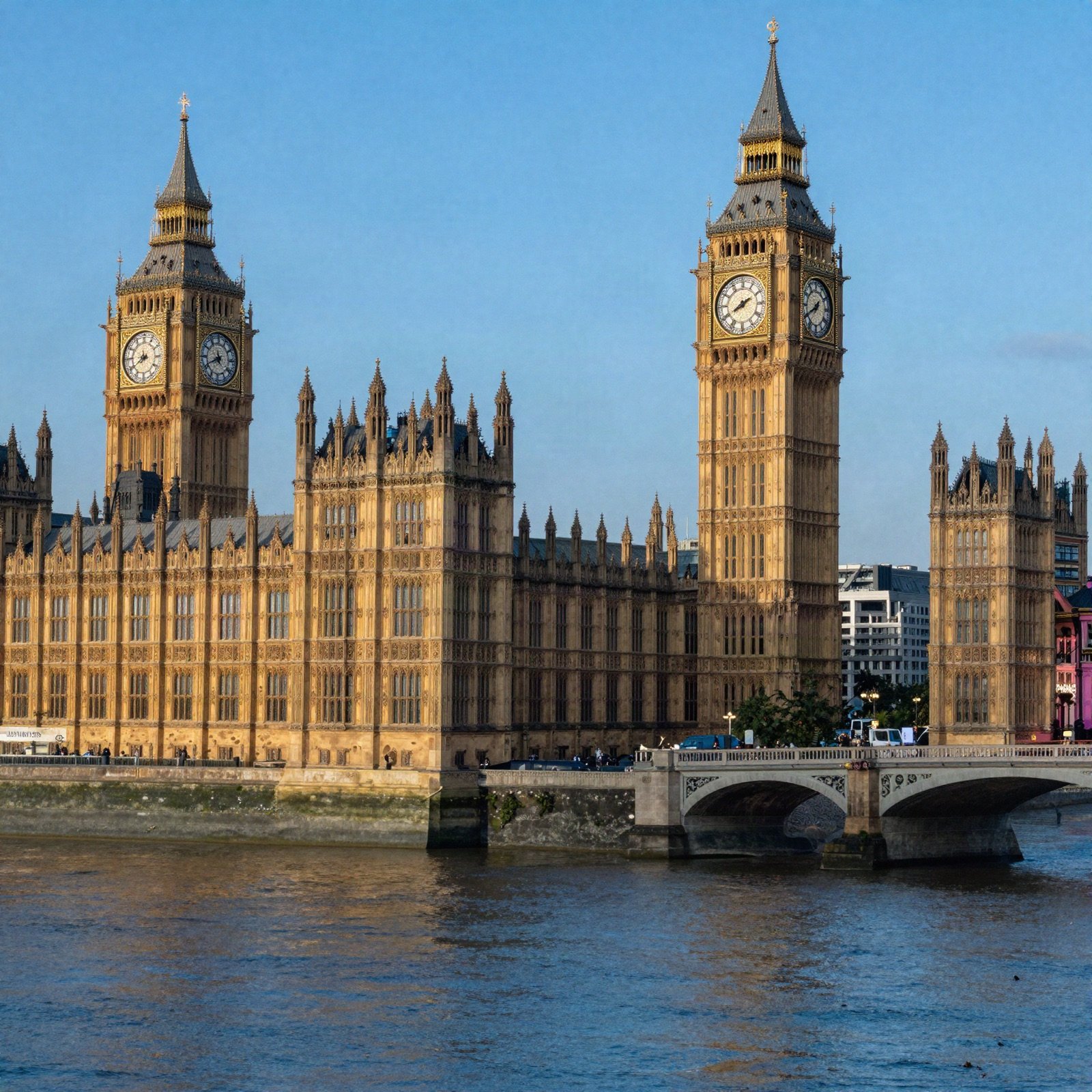 Houses of Parliament and the clock tower beside the river Thames