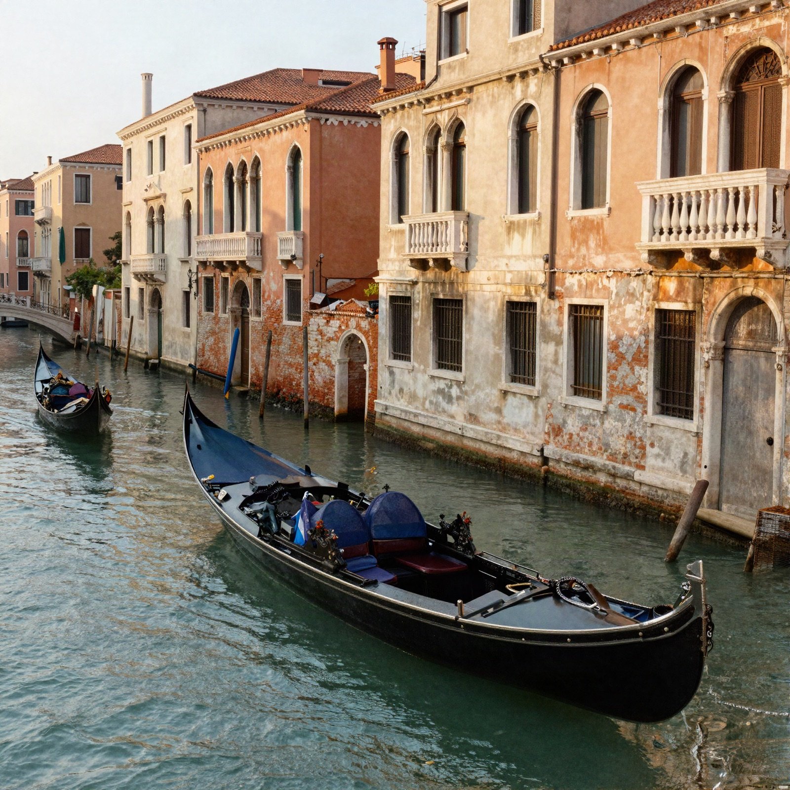 Gondolas on a Venice canal lined with old buildings