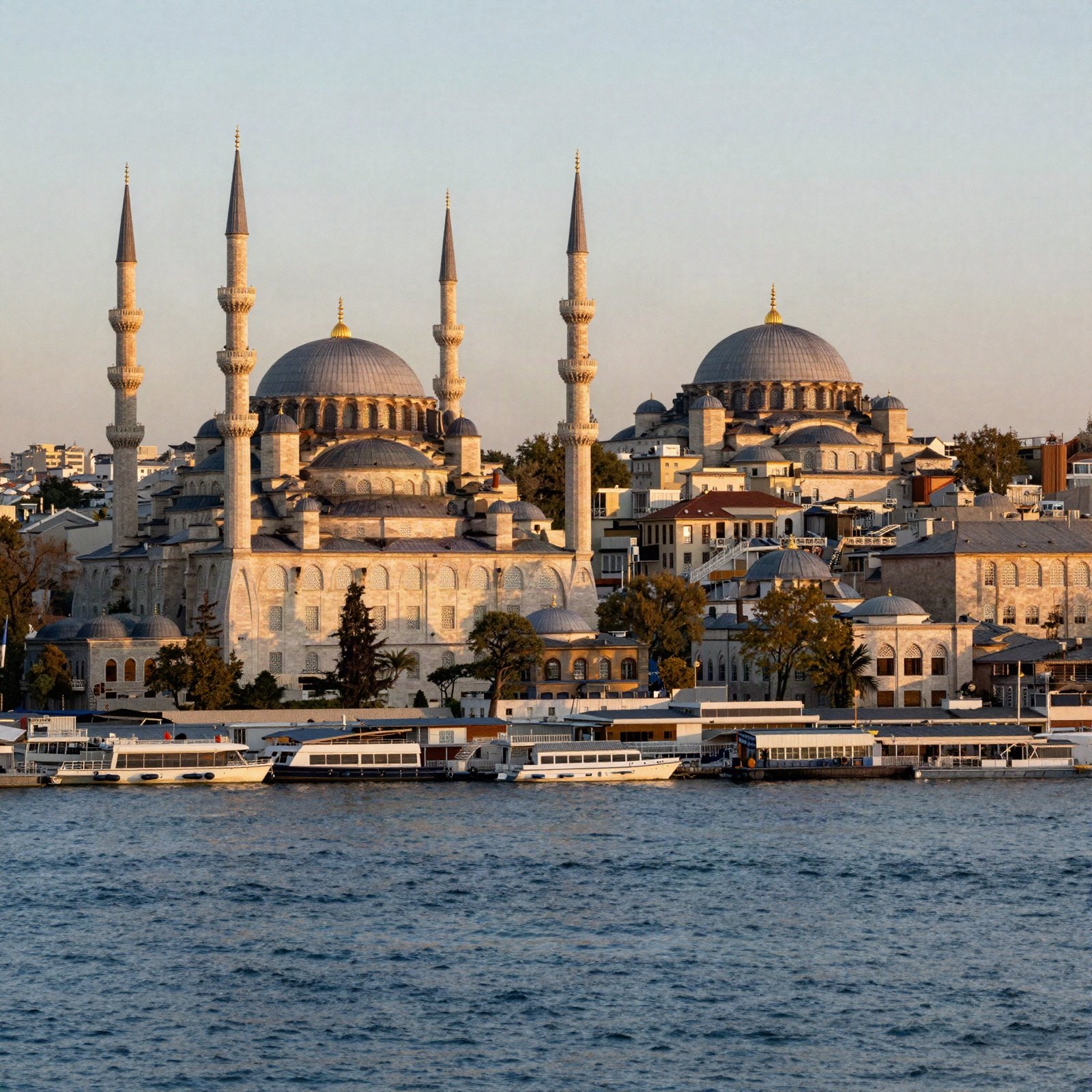 Istanbul skyline with domed mosques and minarets above the Bosphorus