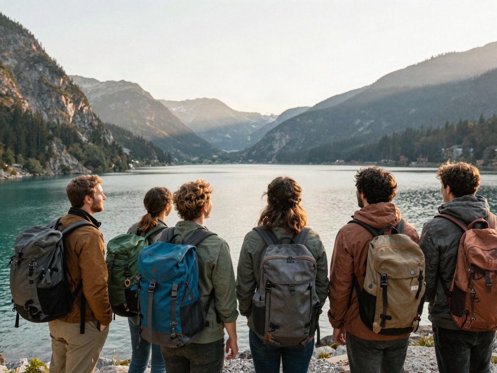 A group of travellers with backpacks looking out over a mountain lake