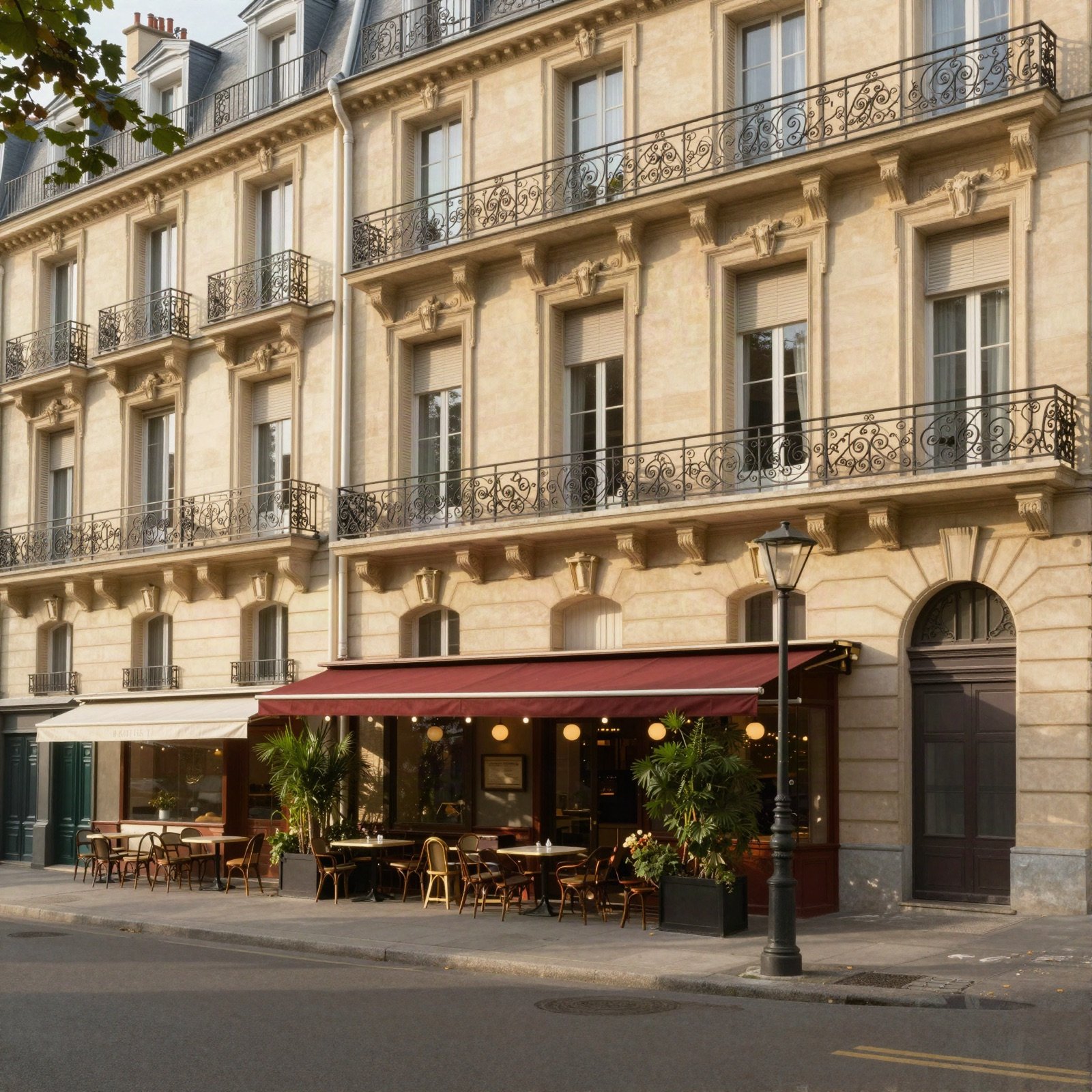 A Parisian street with stone apartment buildings, iron balconies and a pavement cafe