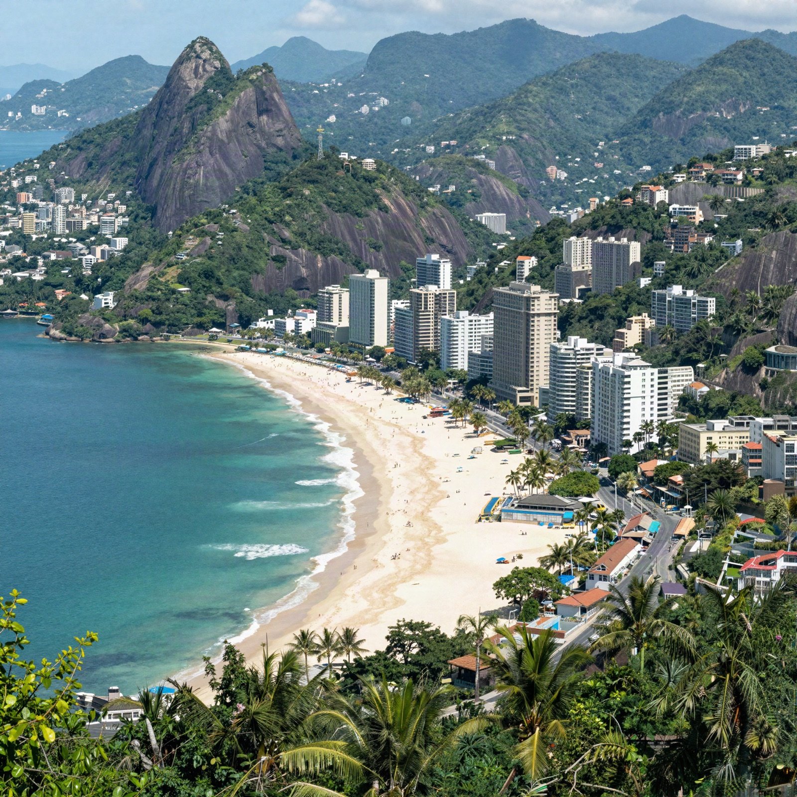 A curved city beach below green granite hills and high-rise buildings