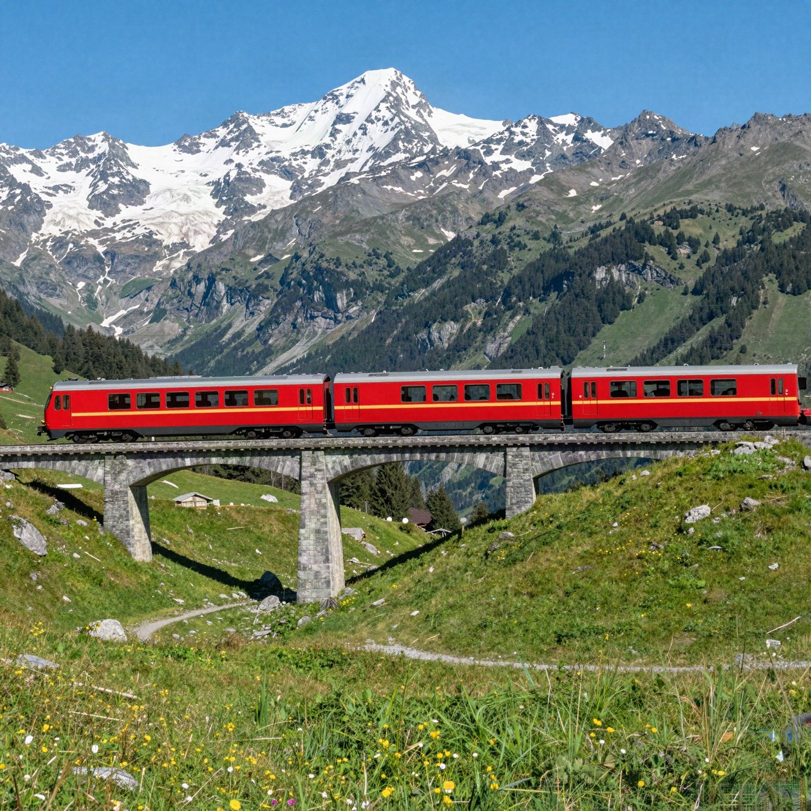 A red mountain train crossing a stone viaduct below snowy alpine peaks