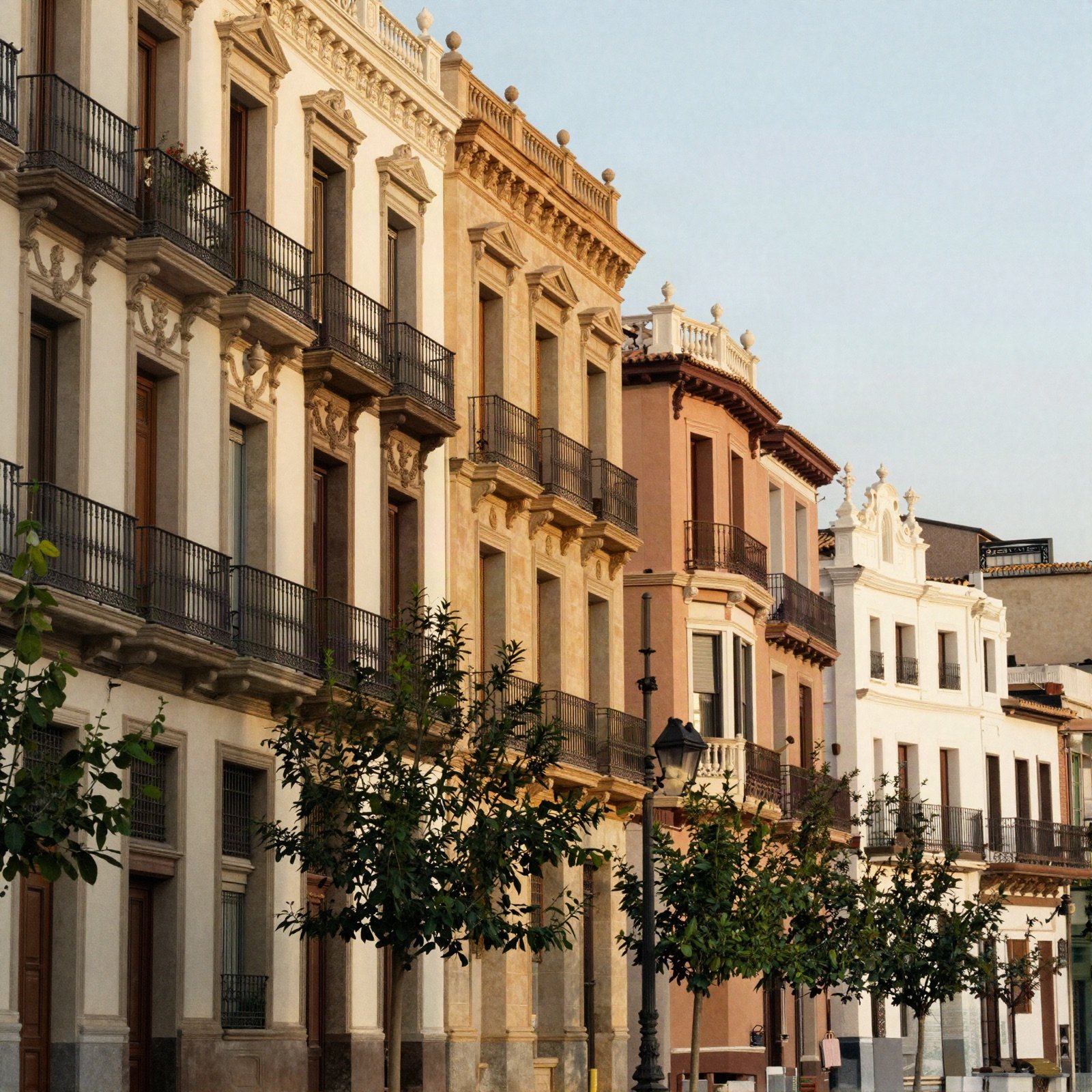 A row of ornate stone buildings with iron balconies on a Spanish boulevard