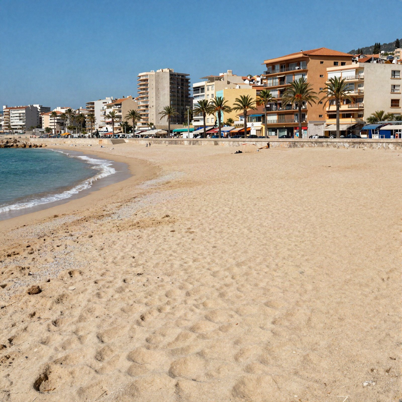 A sandy city beach with palm trees and apartment buildings along the promenade