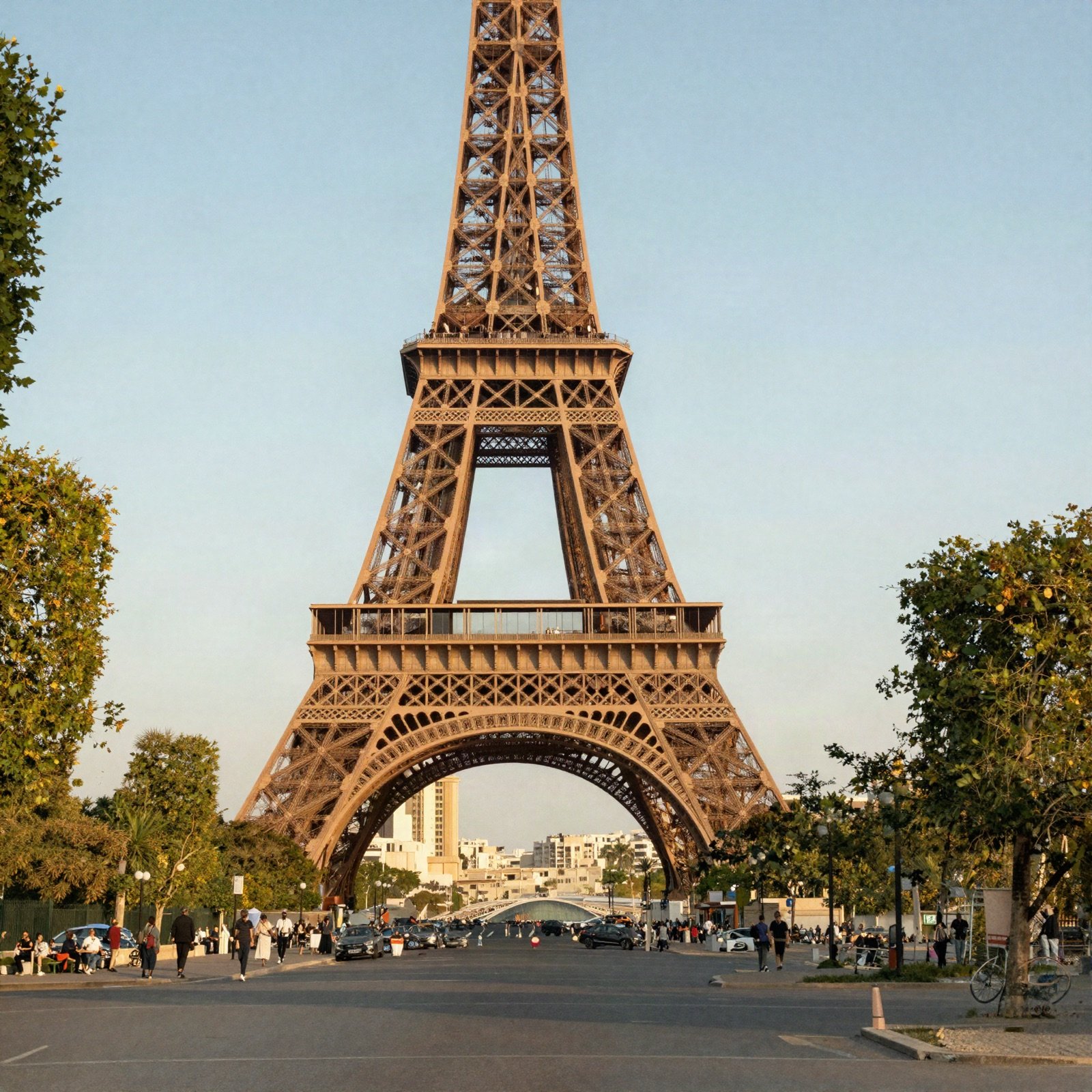 Eiffel Tower seen from a tree-lined avenue at golden hour